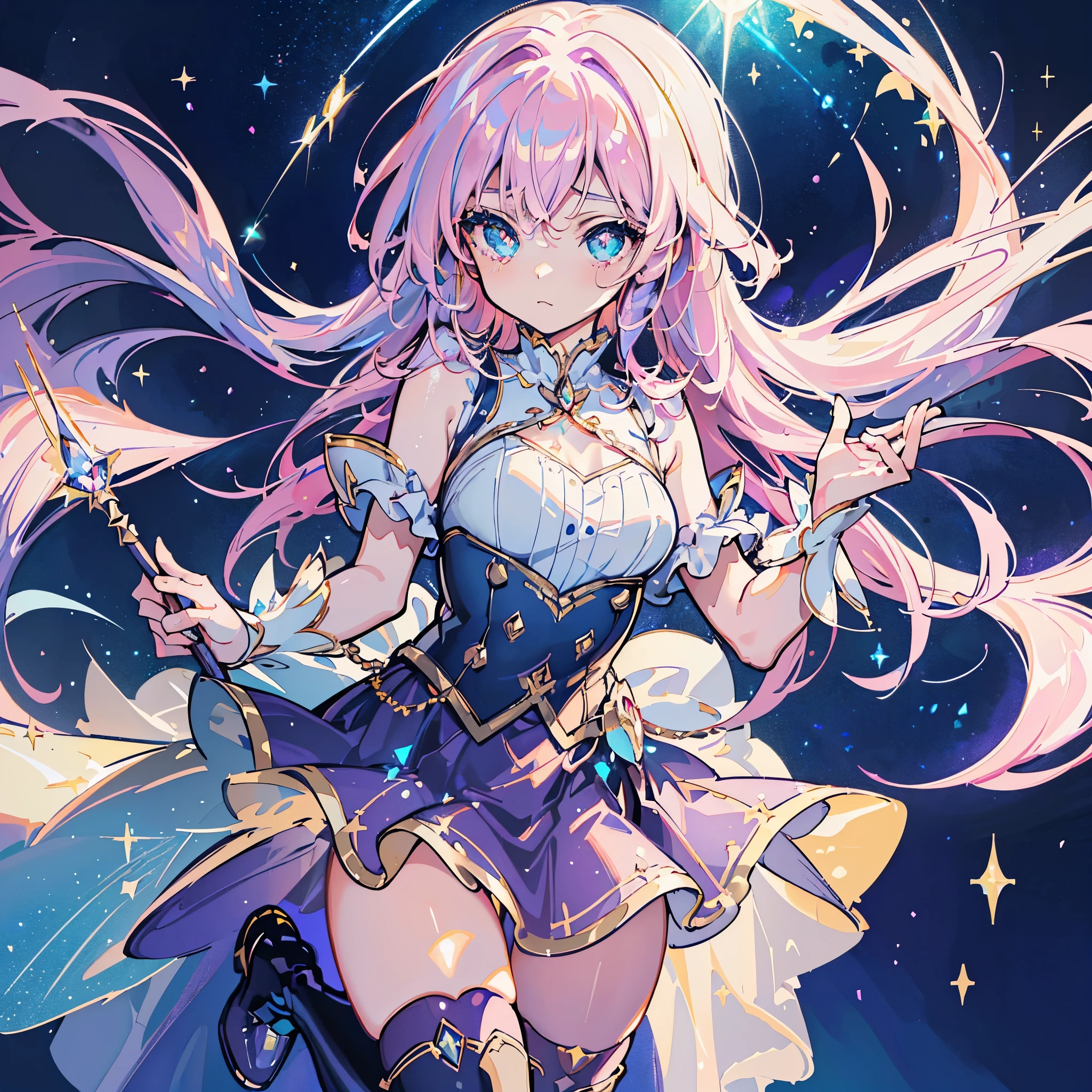 ((magical little girl)), ((Gorgeous starry sky background)), ((Ultra-detailed)), ((Best Illustration)), ((Cinematic lighting)), Dynamic Angle, Floating, finely detailed, (glitters:1.2), (Sparkle:1.2), (Shine:1.2), classic, (Painting:1.1), (Sketch:1.1), (Best quality), (Masterpiece:1.2), (Anime style), (Solo), Beautiful detailed face, (Cute face:1.3), (Big eyes:1.3), Colorful hair, (Long hair:1.2), (Floating hair:1.2), (magical girl outfit), detailed outfits, (Sparkling wand:1.3), (Magical effect:1.3), (Flowing skirt:1.2), (Cute boots:1.1), (Transparent fabric:1.1), (Twinkle:1.2), (Glow:1.2), (Radiance:1.2), (Flicker:1.2), (Dazzle:1.2)