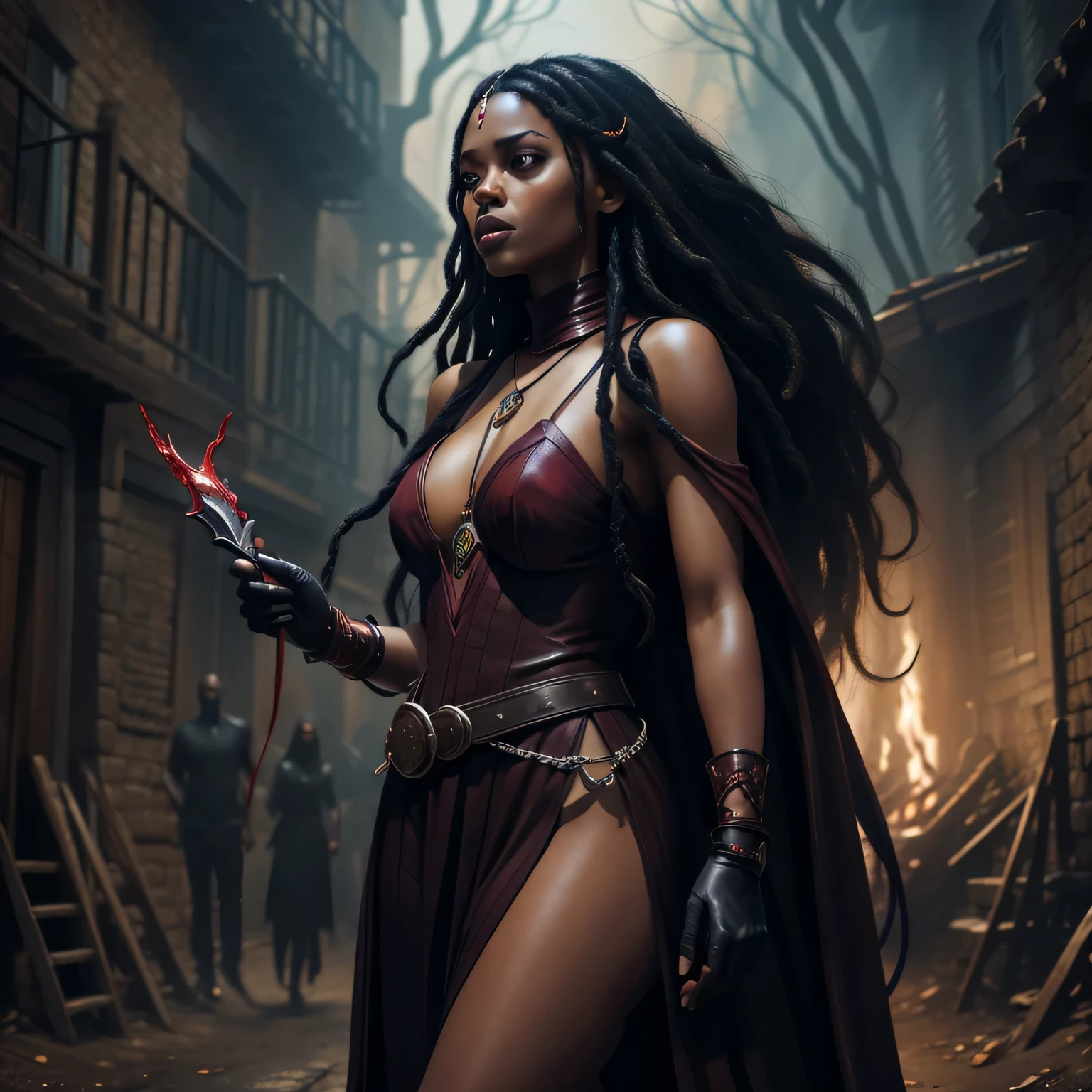 A very tall and attractive woman with a normal figure is depicted in this image. She has a dark complexion and long, black rastafarian locks. Dressed in a deep-cut blood red gown, she accessorizes with long, fitting gloves. A belt made of intricately woven silver braid and leather encircles her hips, adorned with several leather pouches, a dagger, and a slingshot. In her hand, she holds a mystical object signified by decorated sticks, each around 100 cm long.

This image showcases a stunning woman of considerable height. Her dark skin contrasts beautifully with her long, black rastafarian hair. She captiv