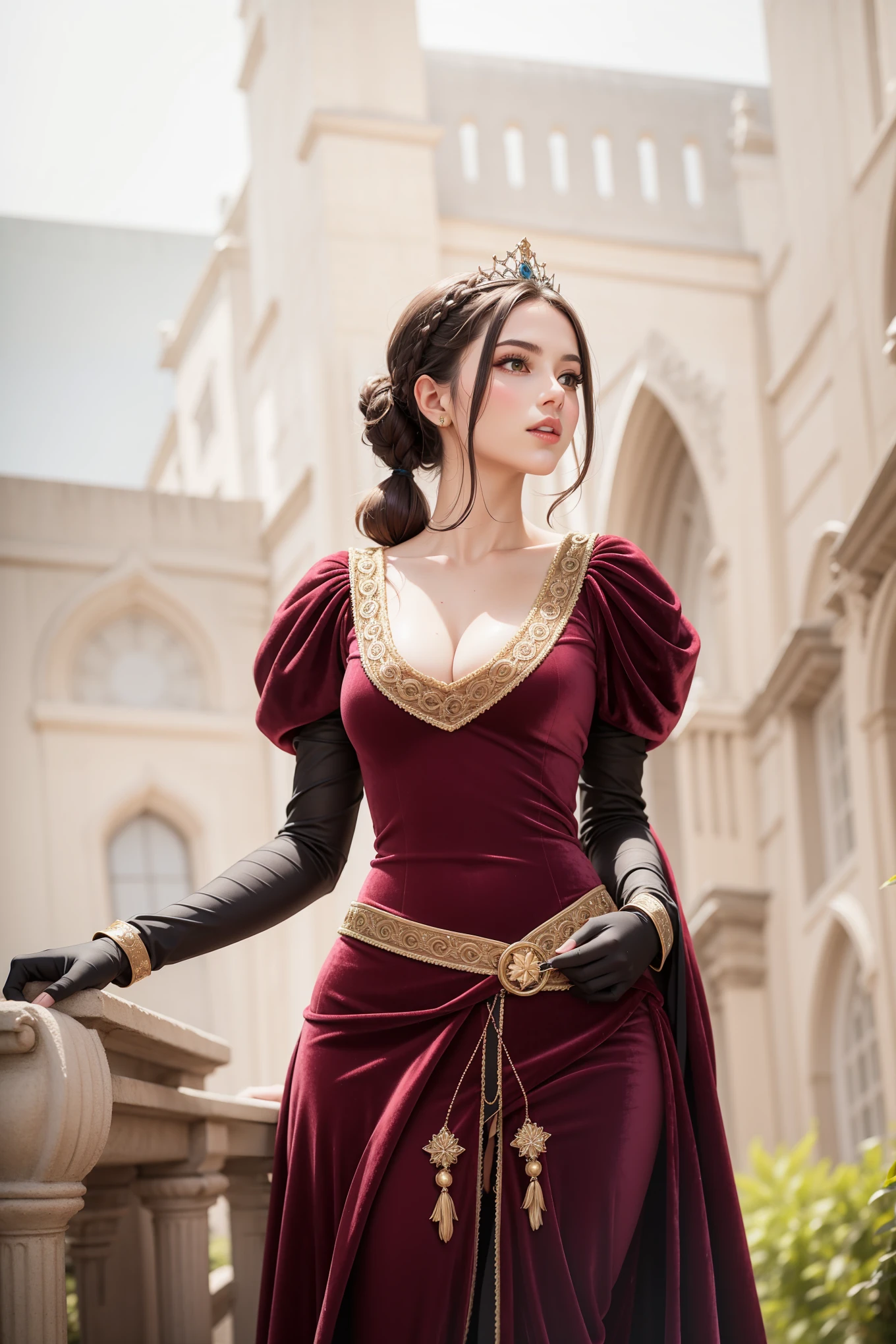 (((black))) beautiful ((thick)) hair (((brunette))), pigtail on the side, beautiful girl of European appearance (European image), medieval princess in a long (burgundy) dress made of fabric (((velvet))), colorful Renaissance dress ((rich decoration)), (black gloves), medieval fantasy outfit, bright juicy colors