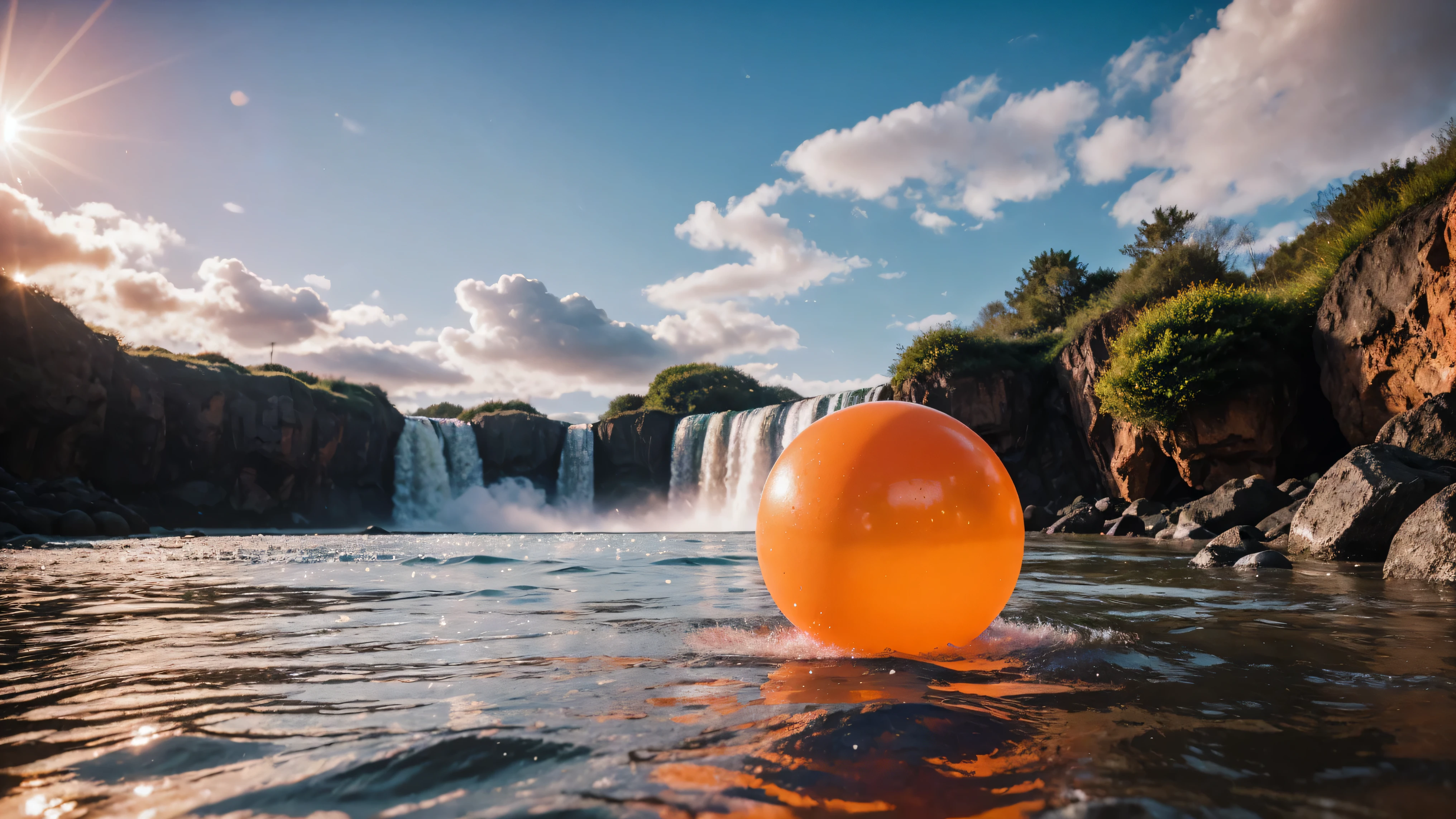 orange rubber balls wet in water droplets lie on clouds ,a tunnel of clouds and orange rubber balls lie along it,hyperdetalization of rubber balls,water splashes,blue sky,the sun's rays shine brightly,soft and delicate color,soft lighting,8k,enhanced detail,high quality,8k, full hd , (f/1.2, f/1.4, f/1.8) focal length - 28 mm, pink rubber ball with high detail and high roughness under the waterfall in focus,the background is blurred,