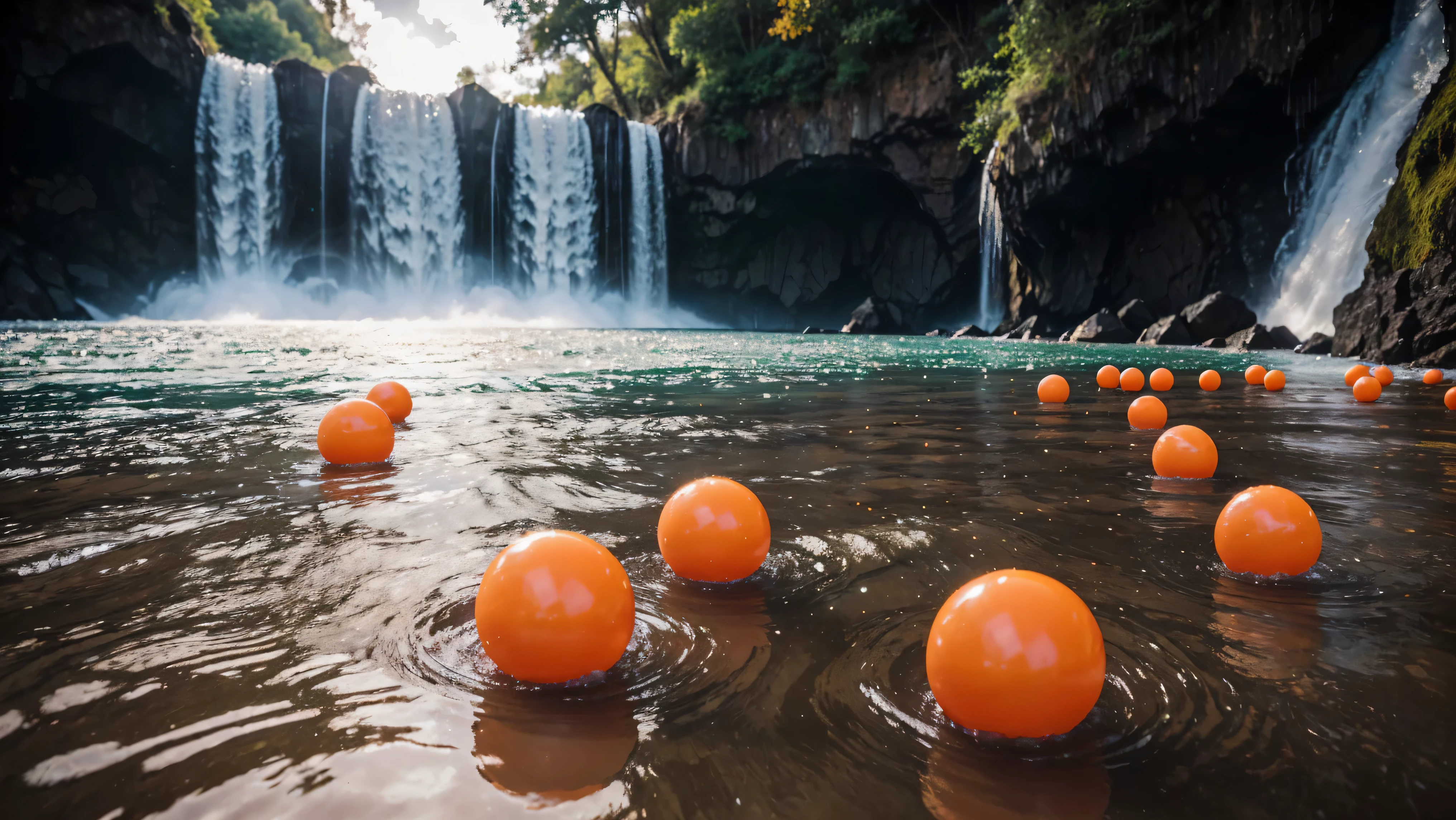 orange rubber balls wet in water droplets lie on clouds ,a tunnel of clouds and orange rubber balls lie along it,hyperdetalization of rubber balls,water splashes,blue sky,the sun's rays shine brightly,soft and delicate color,soft lighting,8k,enhanced detail,high quality,8k, full hd , (f/1.2, f/1.4, f/1.8) focal length - 28 mm, pink rubber ball with high detail and high roughness under the waterfall in focus,the background is blurred,