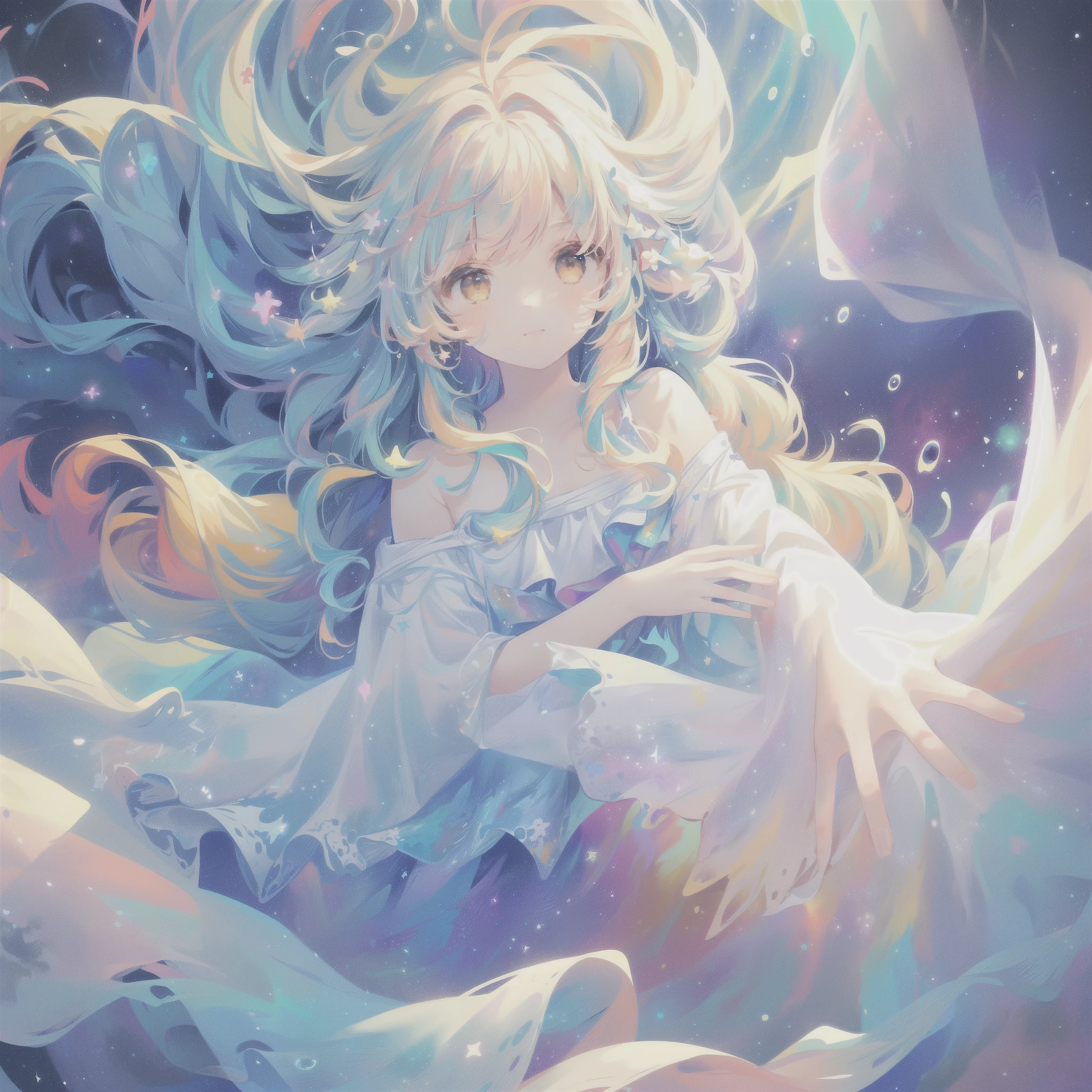 (Girl with jellyfish pattern:1.3), (Flowy transparent dress:1.2), (Luminescence:1.3), (Long wavy hair，Tentacle:1.2), (The movements are graceful:1.3), (Underwater atmosphere:1.2), (Floating Effortlessly:1.2), (Soft colors:1.1), (Ethereal Beauty:1.3), (Surrounded by small jellyfish:1.2), (Gentle expression:1.1), (Eyes that reflect the deep sea:1.2), (barefoot，Slender feet:1.0), (Surrounding bubbles:1.1), (Mysterious atmosphere:1.2), Ultra wide angle