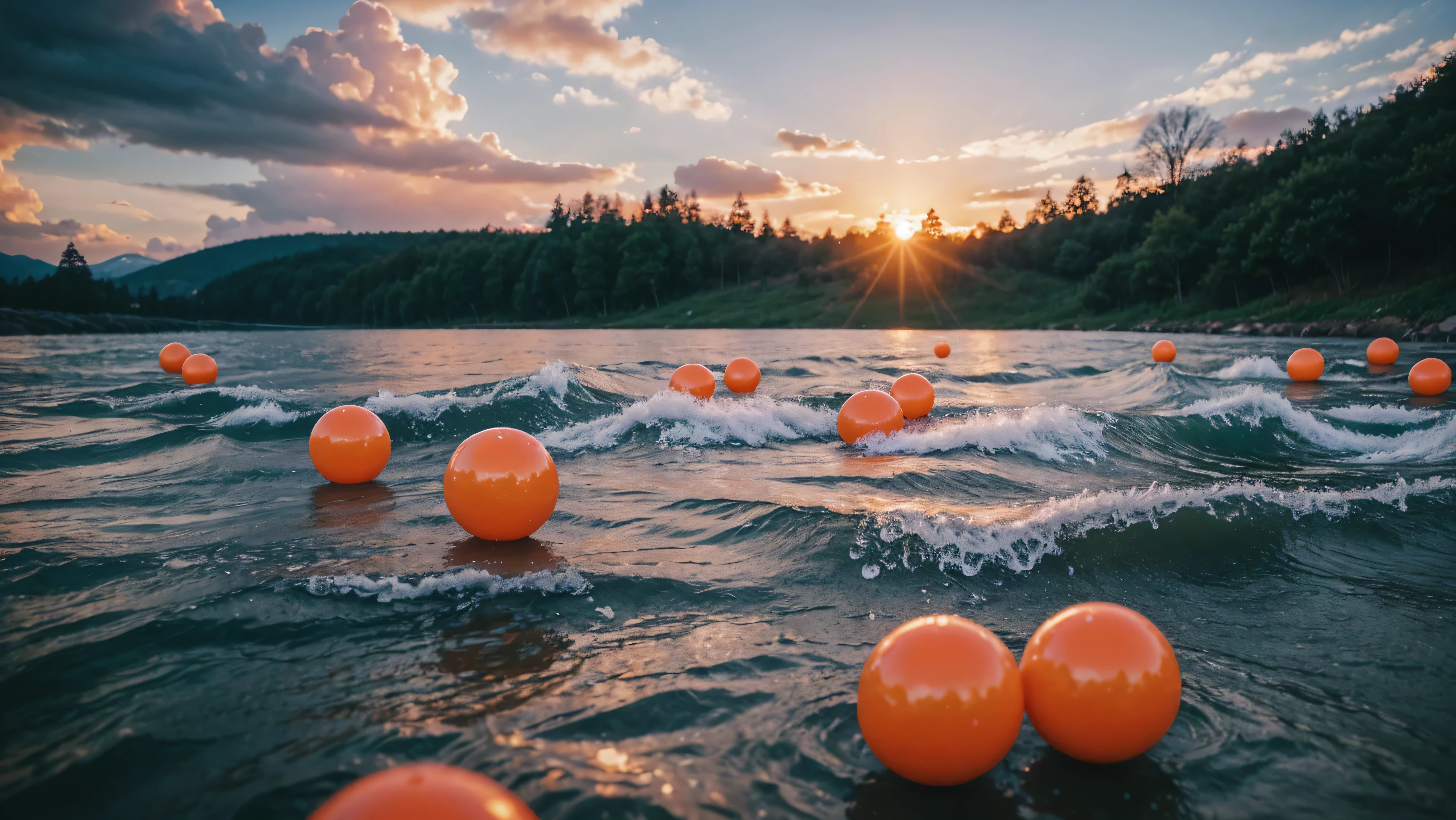 orange rubber balls wet in water droplets lie on clouds ,a tunnel of clouds and orange rubber balls lie along it,hyperdetalization of rubber balls,water splashes,blue sky,the sun's rays shine brightly,soft and delicate color,soft lighting,8k,enhanced detail,high quality,8k, full hd , (f/1.2, f/1.4, f/1.8) focal length - 28 mm, pink rubber ball with high detail and high roughness under the waterfall in focus,the background is blurred,