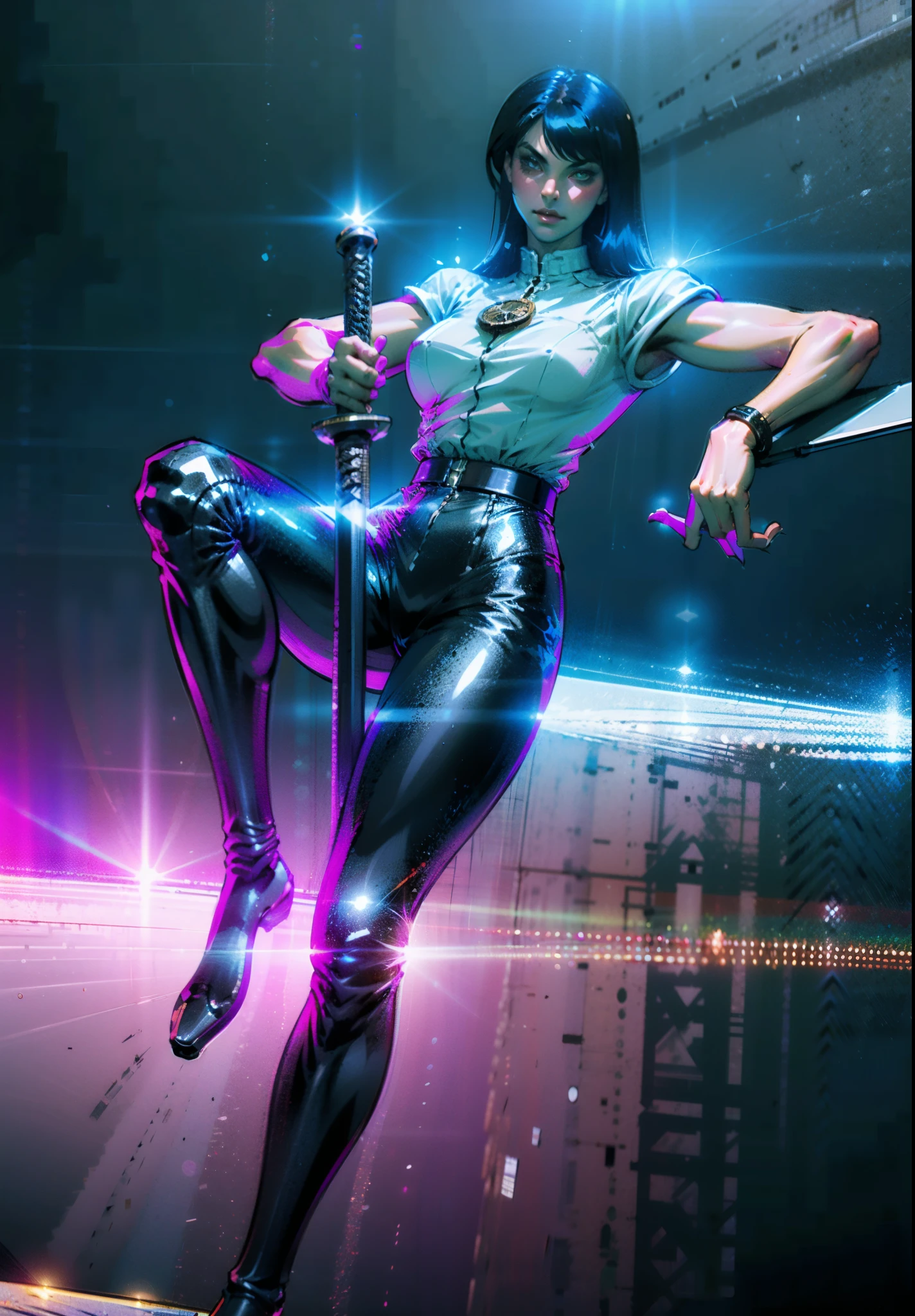 A beautiful woman with long shiny black hair, choppy bangs, a delicate face, a cold proud gaze, a fit figure, a fantasy-style high-necked leather breastplate top, sleeveless, exposes her waist, a bracelet adorns her wrist, tight-fitting leather pants, her right hand holds a longsword with a blue scabbard, she lounges casually sitting, this character embodies a finely crafted fantasy-style bounty hunter in anime style, exquisite and mature manga art style, (Alexandra Daddario:1.2), high definition, best quality, highres, ultra-detailed, ultra-fine painting, extremely delicate, professional, anatomically correct, symmetrical face, extremely detailed eyes and face, high quality eyes, creativity, RAW photo, UHD, 32k, Natural light, cinematic lighting, masterpiece-anatomy-perfect, masterpiece:1.5