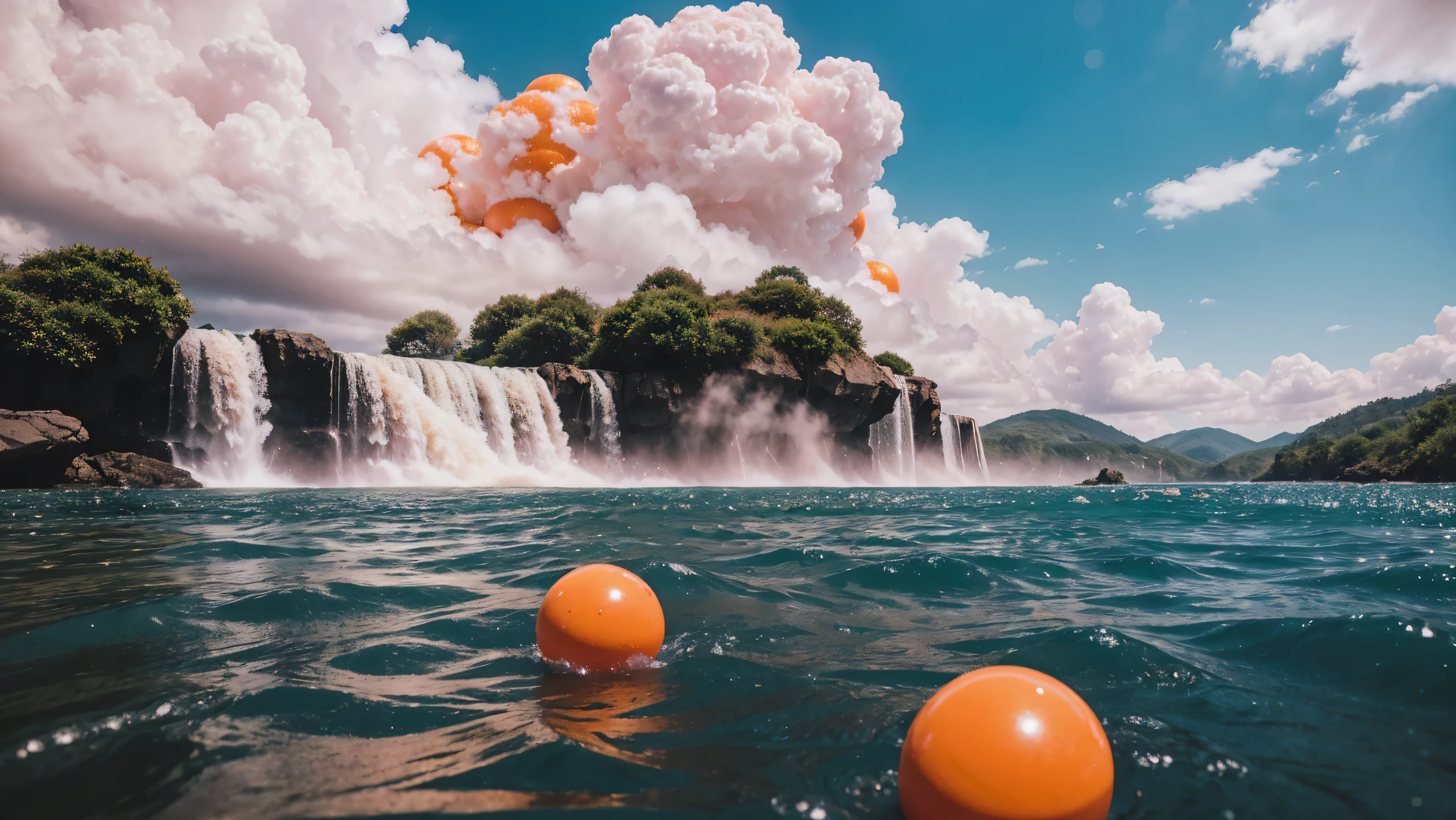 orange rubber balls wet in water droplets lie on clouds ,a tunnel of clouds and orange rubber balls lie along it,hyperdetalization of rubber balls,water splashes,blue sky,the sun's rays shine brightly,soft and delicate color,soft lighting,8k,enhanced detail,high quality,8k, full hd , (f/1.2, f/1.4, f/1.8) focal length - 28 mm, pink rubber ball with high detail and high roughness under the waterfall in focus,the background is blurred,