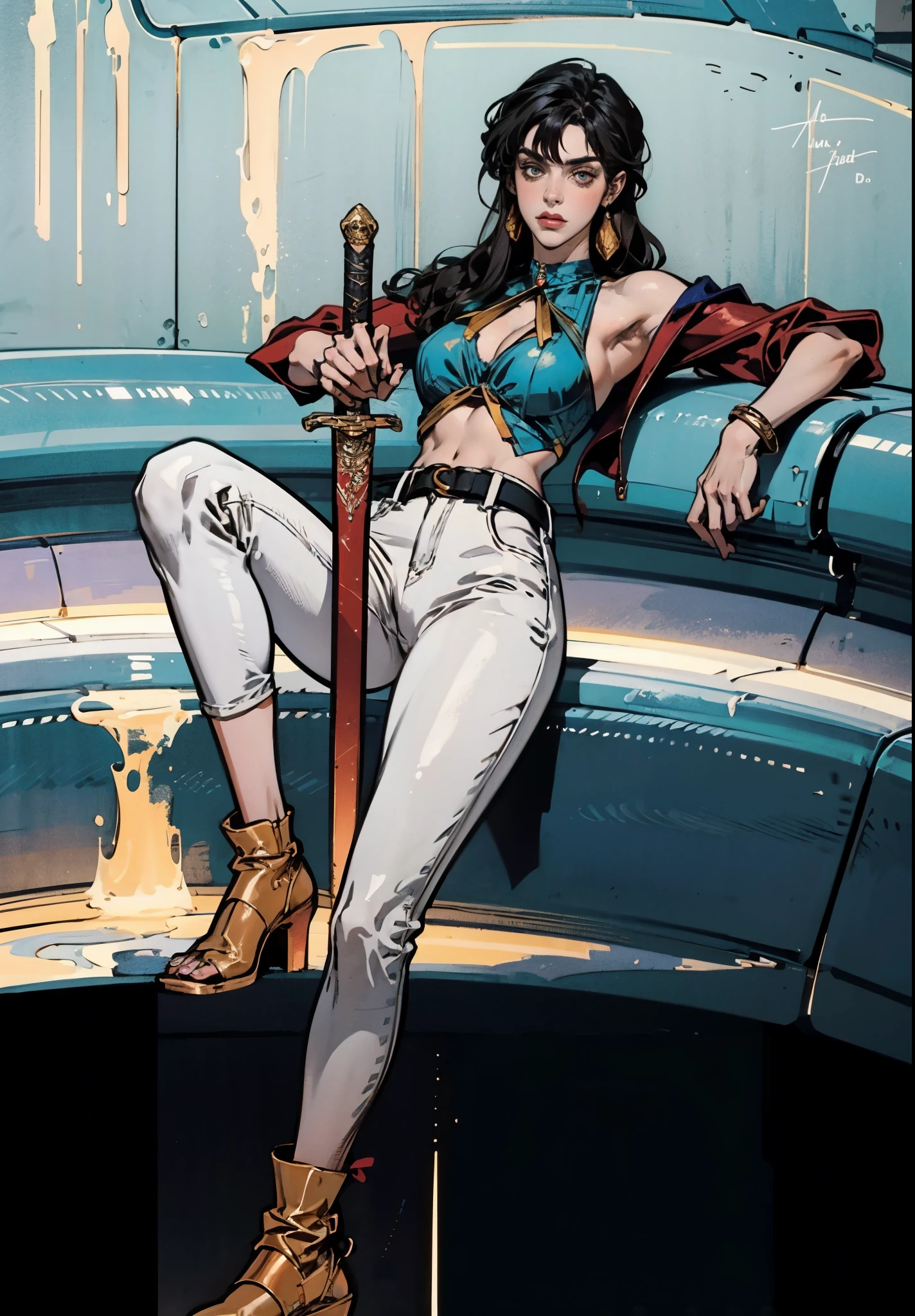 A beautiful woman with long shiny black hair, choppy bangs, a delicate face, a cold proud gaze, a fit figure, a fantasy-style high-necked leather breastplate top, sleeveless, exposes her waist, a bracelet adorns her wrist, tight-fitting leather pants, her right hand holds a longsword with a blue scabbard, she lounges casually sitting, this character embodies a finely crafted fantasy-style bounty hunter in anime style, exquisite and mature manga art style, (Alexandra Daddario:1.2), high definition, best quality, highres, ultra-detailed, ultra-fine painting, extremely delicate, professional, anatomically correct, symmetrical face, extremely detailed eyes and face, high quality eyes, creativity, RAW photo, UHD, 32k, Natural light, cinematic lighting, masterpiece-anatomy-perfect, masterpiece:1.5