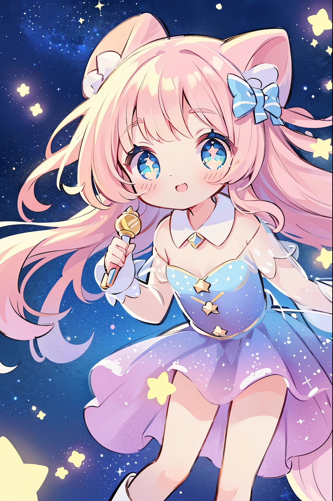 ((magical little girl)), ((Gorgeous starry sky background)), ((Ultra-detailed)), ((Best Illustration)), ((Cinematic lighting)), Dynamic Angle, Floating, finely detailed, (glitters:1.2), (Sparkle:1.2), (Shine:1.2), classic, (Painting:1.1), (Sketch:1.1), (Best quality), (Masterpiece:1.2), (Anime style), (Solo), Beautiful detailed face, (Cute face:1.3), (Big eyes:1.3), Colorful hair, (Long hair:1.2), (Floating hair:1.2), (magical girl outfit), detailed outfits, (Sparkling wand:1.3), (Magical effect:1.3), (Flowing skirt:1.2), (Cute boots:1.1), (Transparent fabric:1.1), (Twinkle:1.2), (Glow:1.2), (Radiance:1.2), (Flicker:1.2), (Dazzle:1.2)