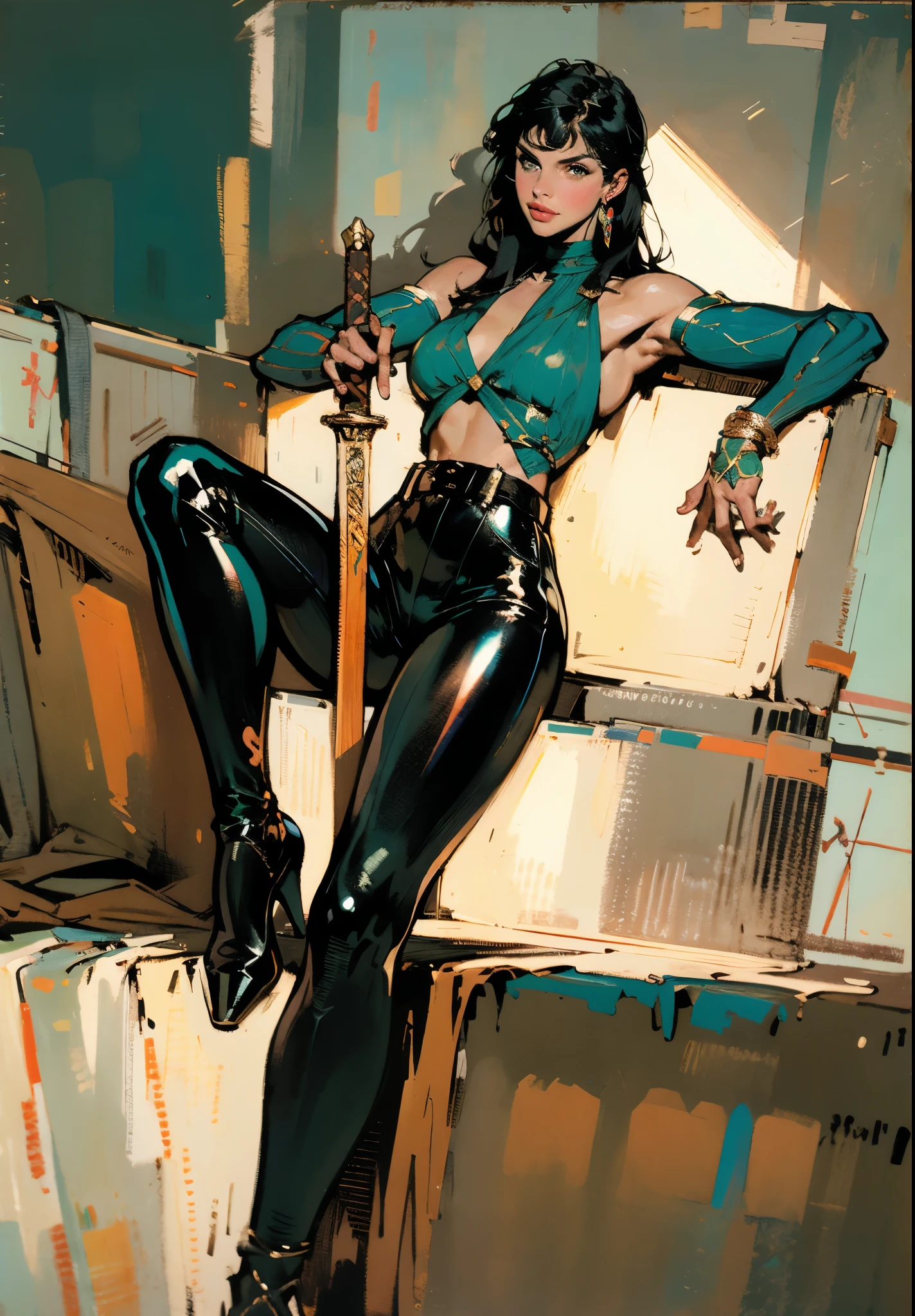 A beautiful woman with long shiny black hair, choppy bangs, a delicate face, a cold proud gaze, a fit figure, a fantasy-style high-necked leather breastplate top, sleeveless, exposes her waist, a bracelet adorns her wrist, tight-fitting leather pants, her right hand holds a longsword with a blue scabbard, she lounges casually sitting, this character embodies a finely crafted fantasy-style bounty hunter in anime style, exquisite and mature manga art style, (Alexandra Daddario:1.2), high definition, best quality, highres, ultra-detailed, ultra-fine painting, extremely delicate, professional, anatomically correct, symmetrical face, extremely detailed eyes and face, high quality eyes, creativity, RAW photo, UHD, 32k, Natural light, cinematic lighting, masterpiece-anatomy-perfect, masterpiece:1.5