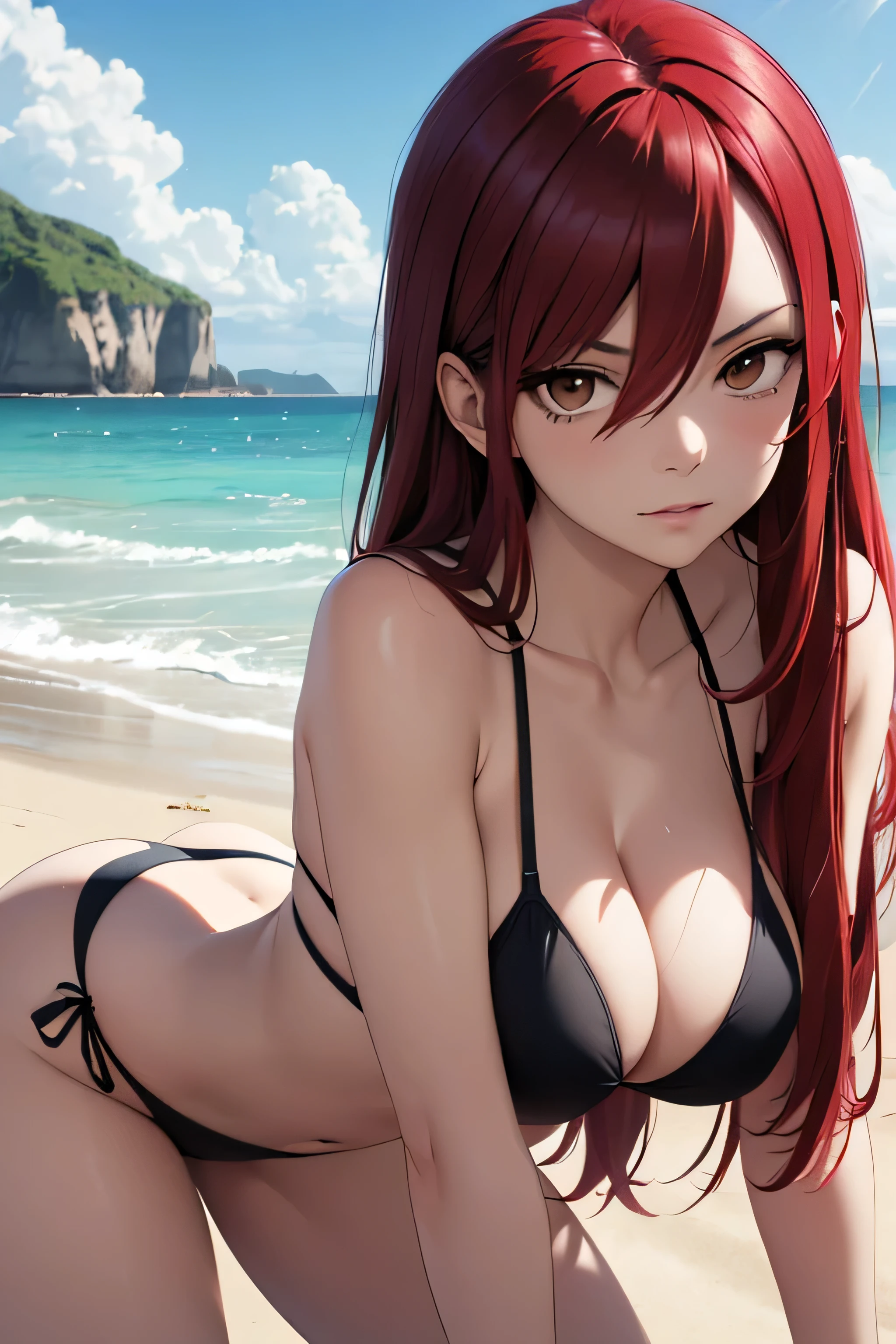 absurdres, high res, ultrasharp, 8K, {masterpiece}, expressive eyes, extremely detailed, best quality, perfect face, erza scarlet, long hair, (red hair:1.5), hair between eyes, (brown eyes:1.7), large breasts, pleased, beach, bikini, sitting, seductive, bent over,
