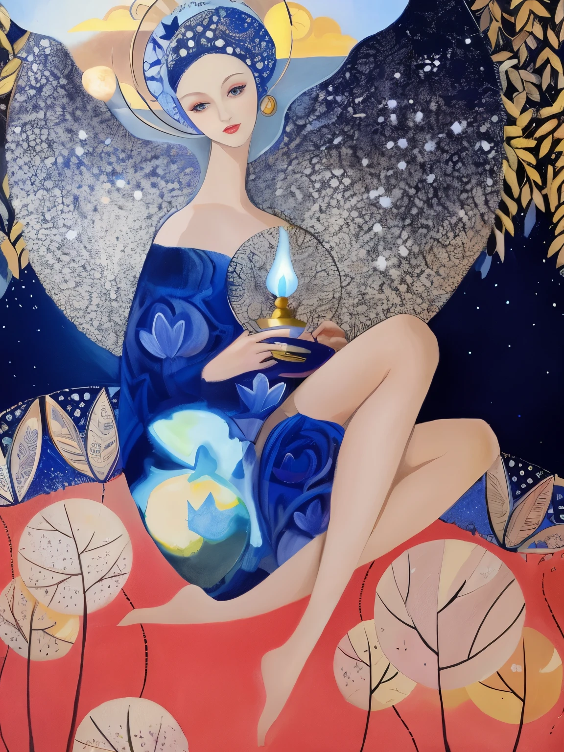 painting of a woman sitting on a flowery field with a blue sky background, portrait of a cosmic goddess, moon goddess, celestial goddess, art deco flower shaman, art deco painting, cosmic goddess, by Jean Hey, sacred feminine, by Marie Bashkirtseff, lunar goddess, by Andrzej Pronaszko, by Wilhelm Sasnal