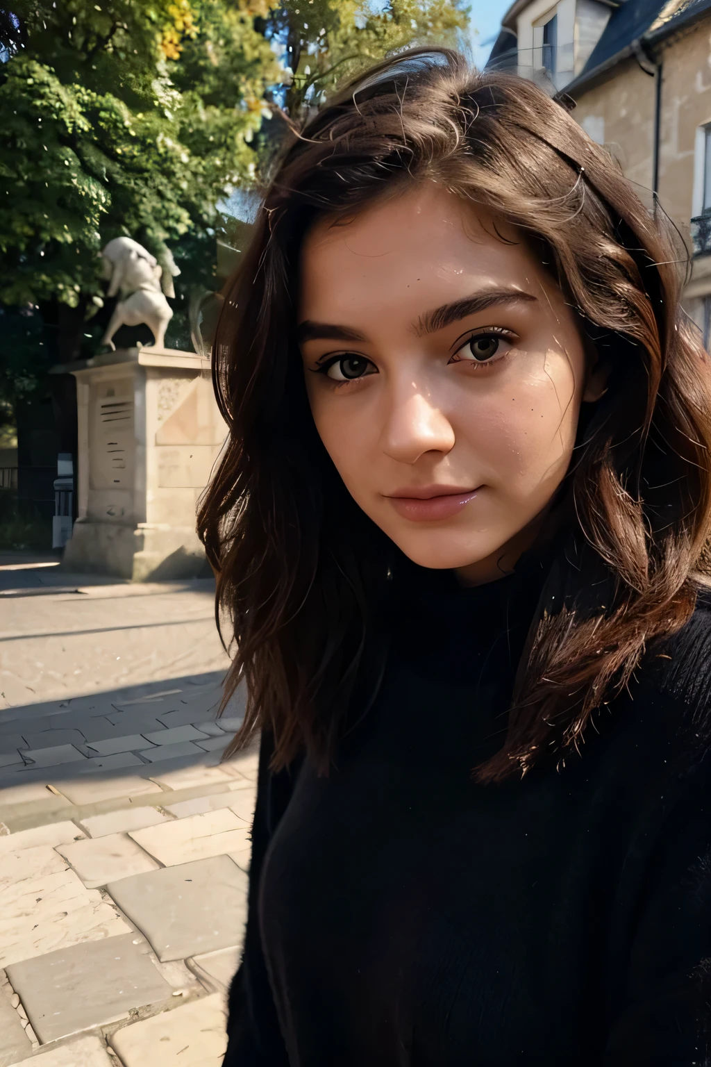 Instagram-Foto, 21 year old French woman, kurzes Haar, schwarzes Haar, Close-up portrait, Pullover, Dekollete, blass, harte Schatten