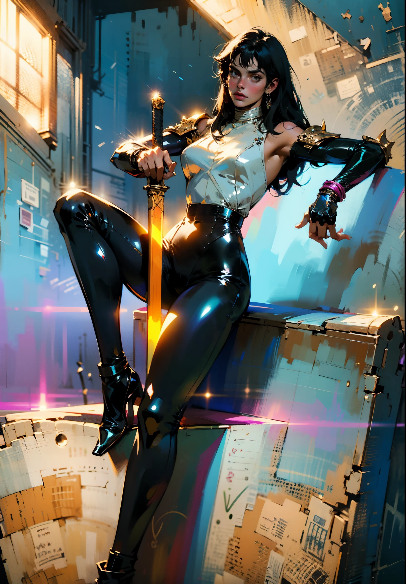 A beautiful woman with long shiny black hair, choppy bangs, a delicate face, a cold proud gaze, a fit figure, a fantasy-style high-necked leather breastplate top, sleeveless, exposes her waist, a bracelet adorns her wrist, tight-fitting leather pants, her right hand holds a longsword with a blue scabbard, she lounges casually sitting, this character embodies a finely crafted fantasy-style bounty hunter in anime style, exquisite and mature manga art style, (Alexandra Daddario:1.2), high definition, best quality, highres, ultra-detailed, ultra-fine painting, extremely delicate, professional, anatomically correct, symmetrical face, extremely detailed eyes and face, high quality eyes, creativity, RAW photo, UHD, 32k, Natural light, cinematic lighting, masterpiece-anatomy-perfect, masterpiece:1.5