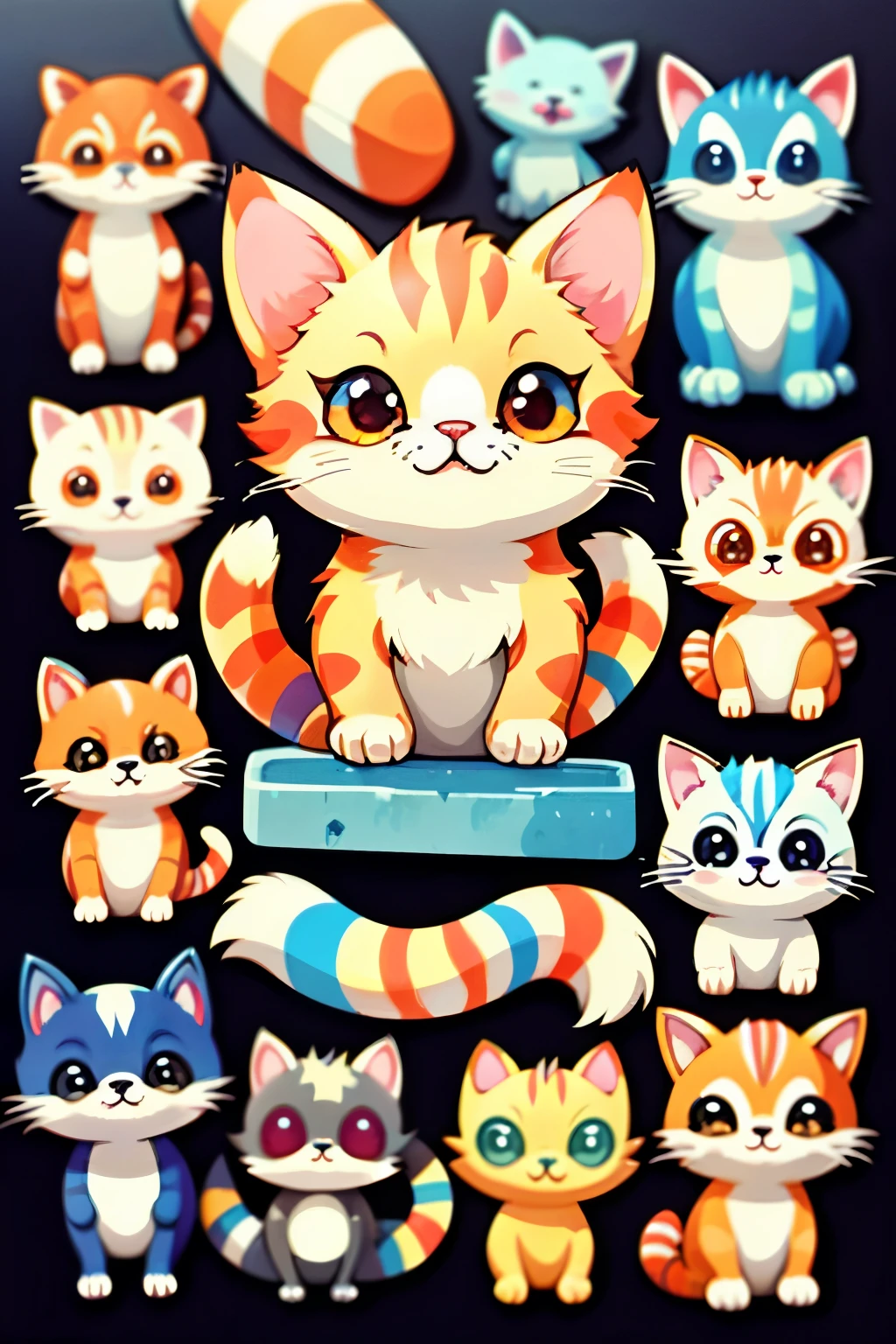 Anime-style colorful kittens gathered around, Their vibrant fur shimmering in the sunlight, One kitten purrs contentedly with a paw raised, Another playfully batted a pom-pom tail, Each feline's expressive eyes full of curiosity and mischief, They cuddled and played, their energy unbounded, Soft paw prints adorned their tiny paws, The kittens looked up, their tails swishing with excitement, Ready for another round of adventures and fun in the sun.