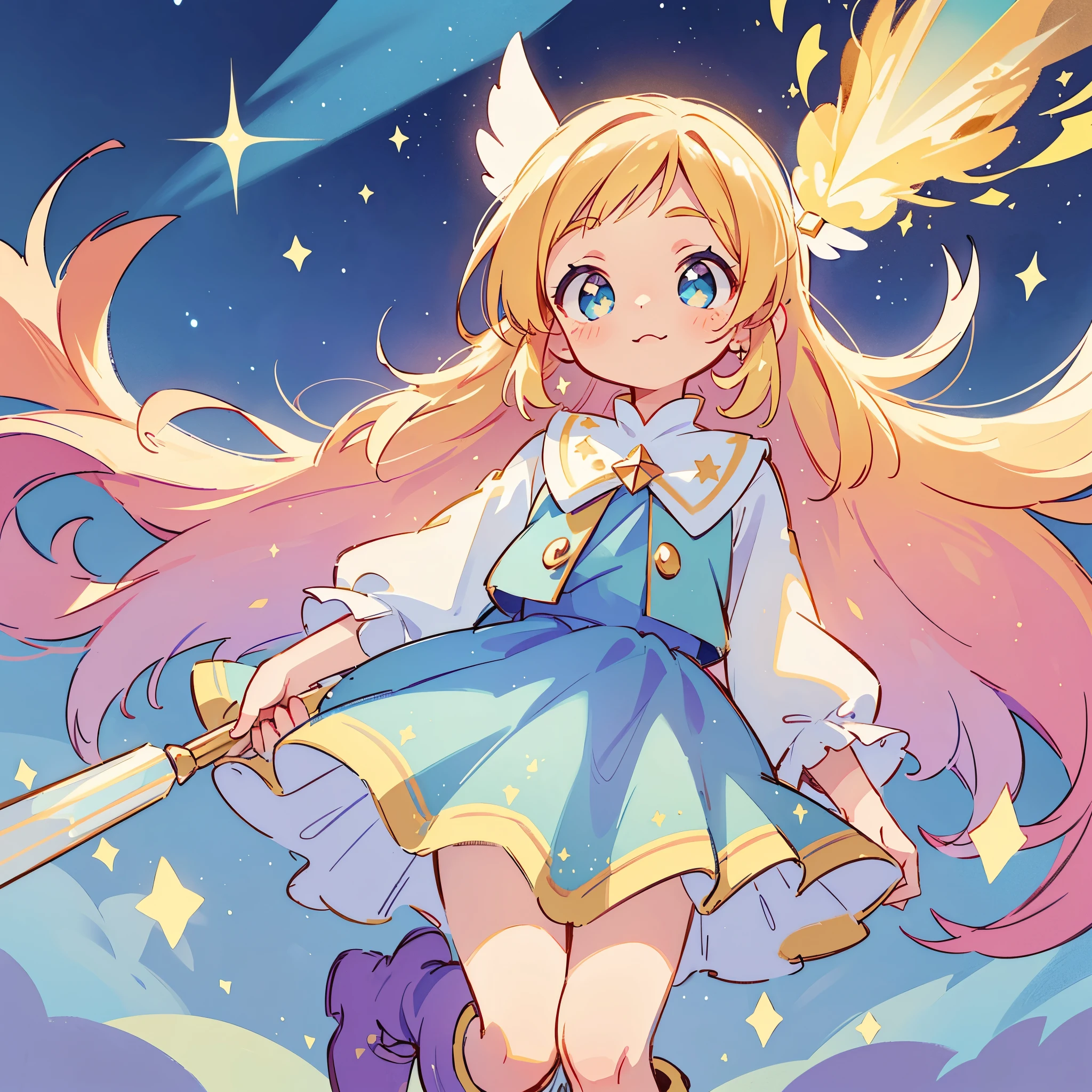 ((magical little girl)), ((Gorgeous starry sky background)), ((Ultra-detailed)), ((Best Illustration)), ((Cinematic lighting)), Dynamic Angle, Floating, finely detailed, (glitters:1.2), (Sparkle:1.2), (Shine:1.2), classic, (Painting:1.1), (Sketch:1.1), (Best quality), (Masterpiece:1.2), (Anime style), (Solo), Beautiful detailed face, (Cute face:1.3), (Big eyes:1.3), Colorful hair, (Long hair:1.2), (Floating hair:1.2), (magical girl outfit), detailed outfits, (Sparkling wand:1.3), (Magical effect:1.3), (Flowing skirt:1.2), (Cute boots:1.1), (Transparent fabric:1.1), (Twinkle:1.2), (Glow:1.2), (Radiance:1.2), (Flicker:1.2), (Dazzle:1.2)
