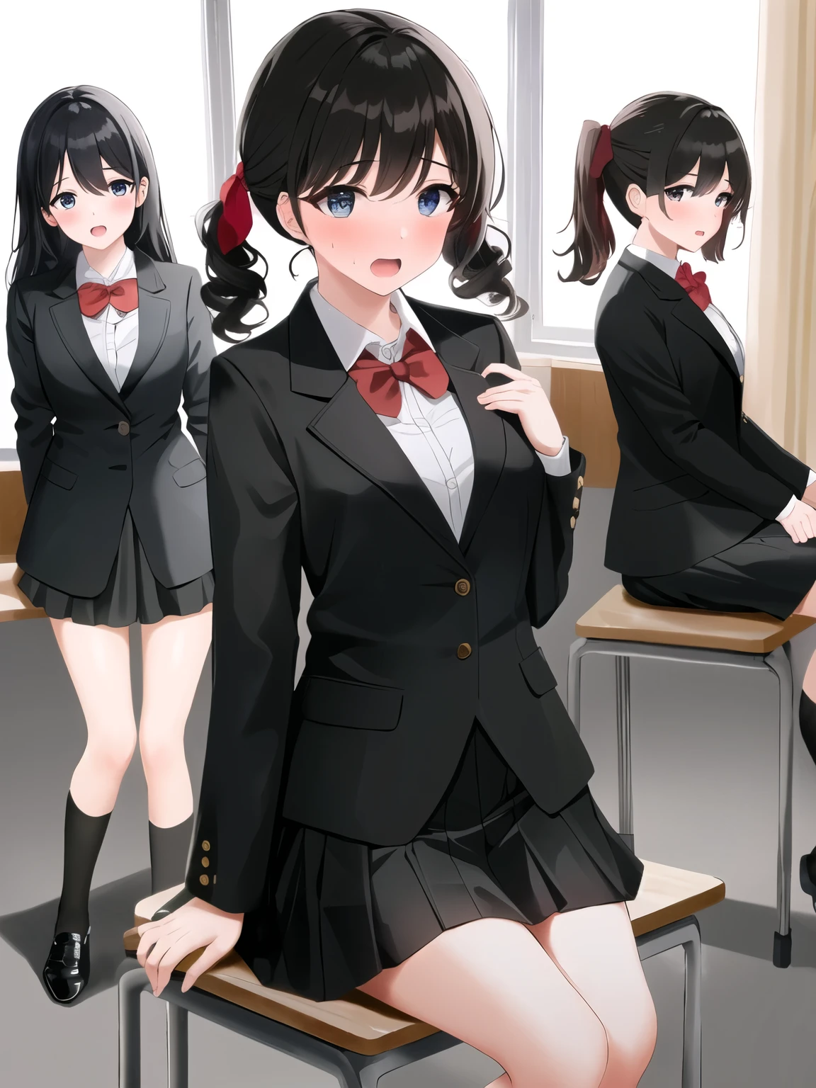 masterpiece, best quality,4girl,half body photo,blush,Hysterical, embarrassed,Sit in class, small breast,different hairstyles, Different eye color,Different hair lengths, different bangs, different face,black hair, long black coat, black short skirts, red bow ties