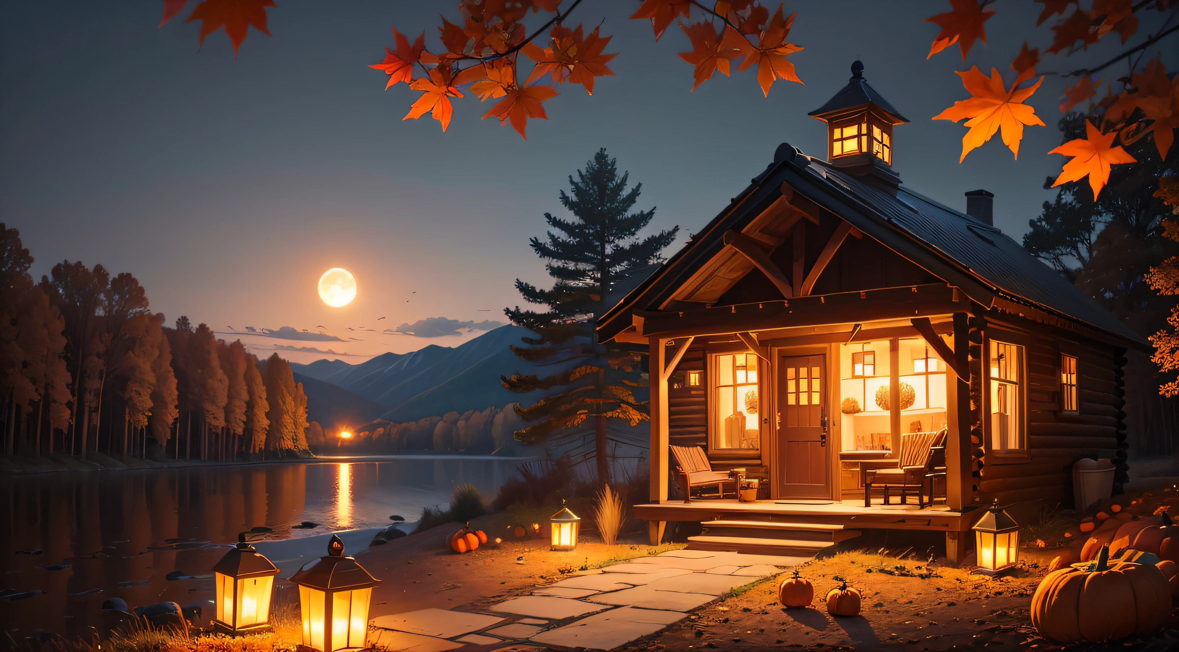 Autumn Scenery, pumpkins night view, full moon, small cabin, falling leaves, Autumn weather, Autumn, realistic, lantern, fireflames