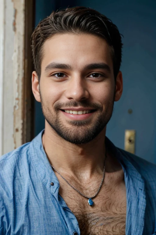 Un homme aux yeux bleus perçants, with a dazzling smile and a carefully trimmed beard