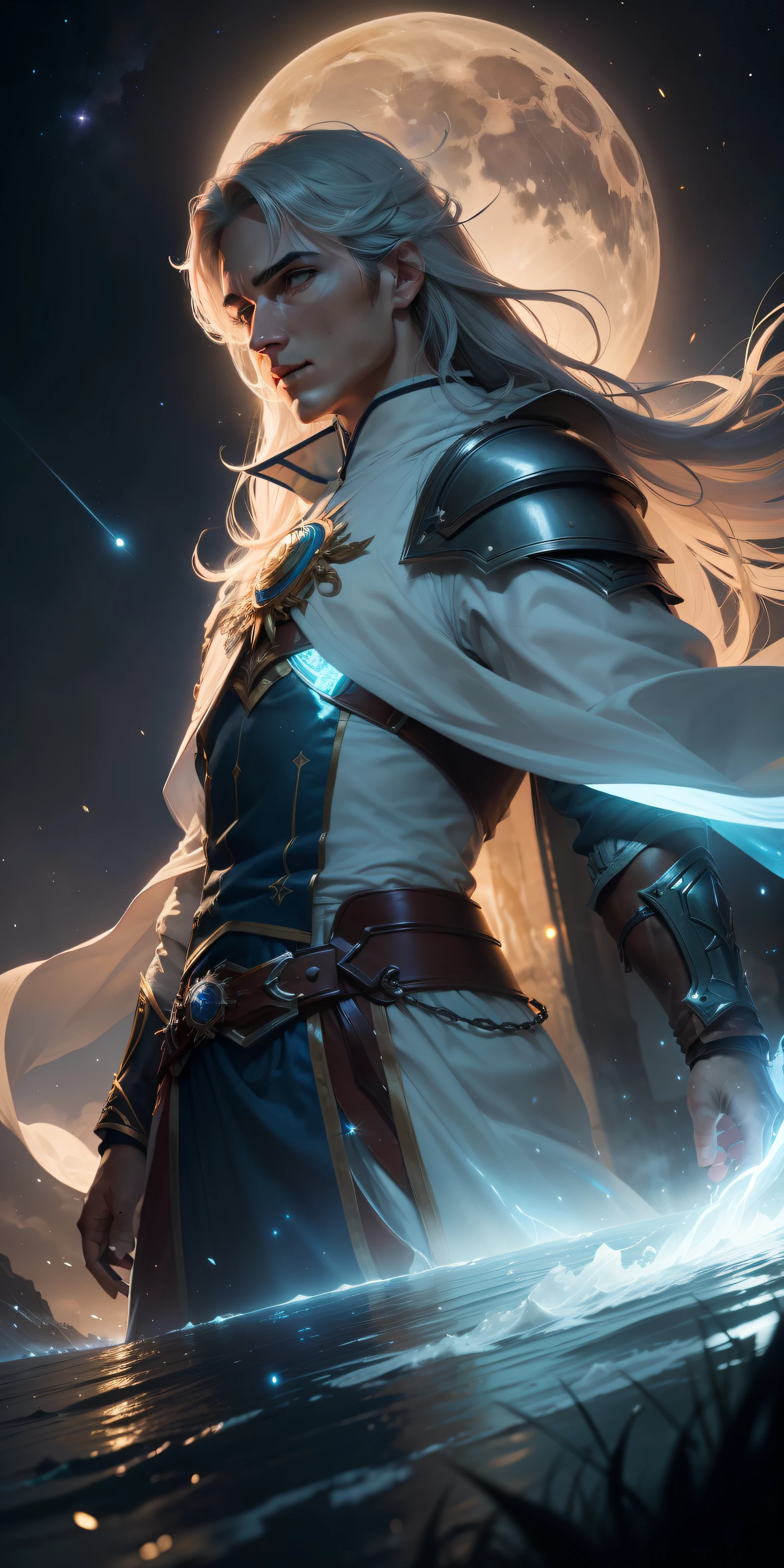 ((Maximum 8K resolution)), stunning illustration, Ethereal hero of light who changes appearance according to the constellation he is linked to. Brilha com um tom de azul rico e radiante. Ele usa um longo, fluid cloak made of light, fluindo como um rio estelar. Seu rosto sereno tem olhos brilhantes, which controls the gravitational force field, fundo de lua prateada, stellar explosions