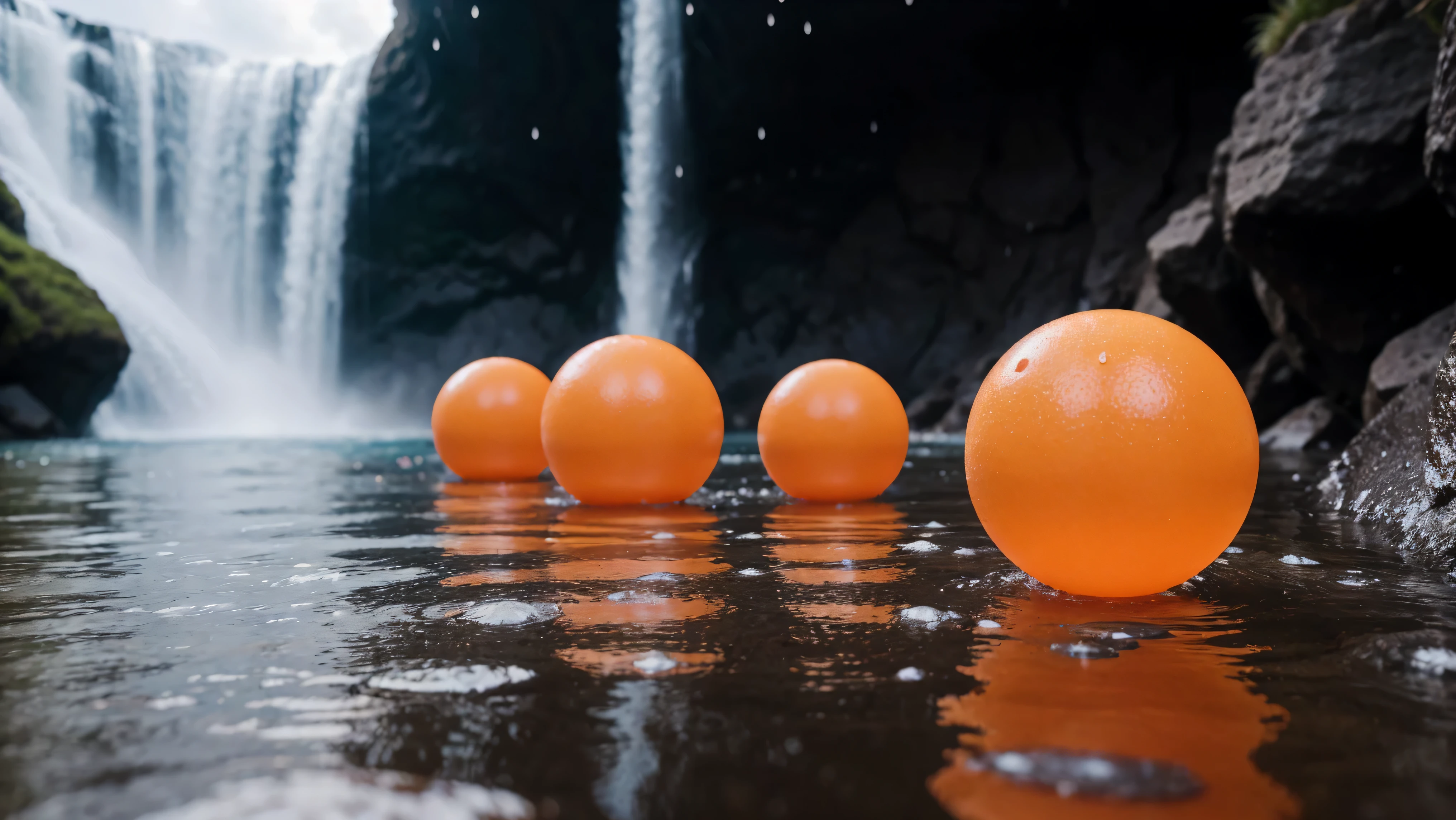 orange rubber balls wet in water droplets lie on clouds ,a tunnel of clouds and orange rubber balls lie along it,hyperdetalization of rubber balls,water splashes,blue sky,the sun's rays shine brightly,soft and delicate color,soft lighting,8k,enhanced detail,high quality,8k, full hd , (f/1.2, f/1.4, f/1.8) focal length - 28 mm, pink rubber ball with high detail and high roughness under the waterfall in focus,the background is blurred,