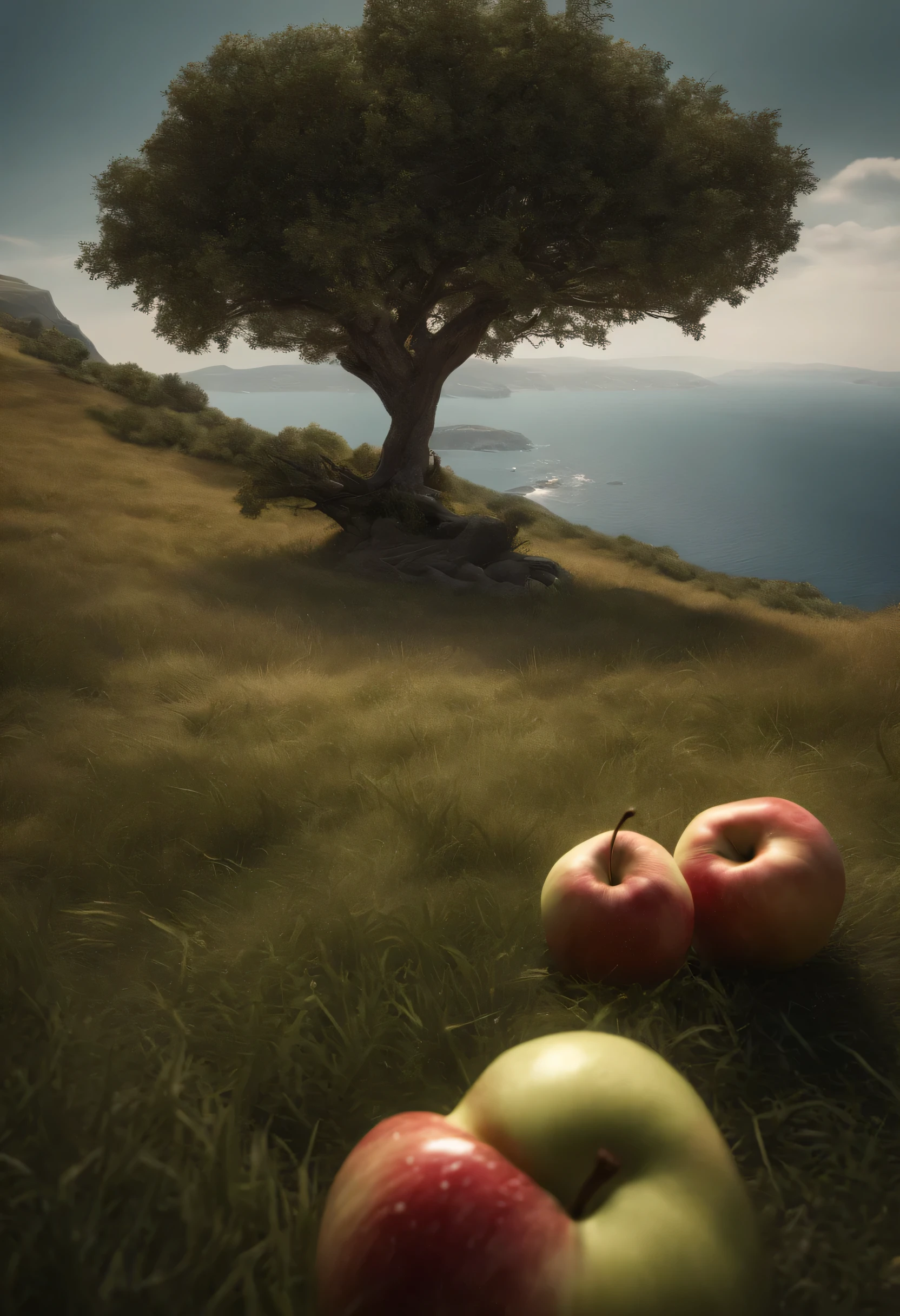 (Melhor qualidade,8k,4K,high resolution,obra de arte:1.2),ultra-detalhado,(realista,photorealista,photo-realista:1.37),paisagem,mar,grama,colinas,animais,big tree with apples
