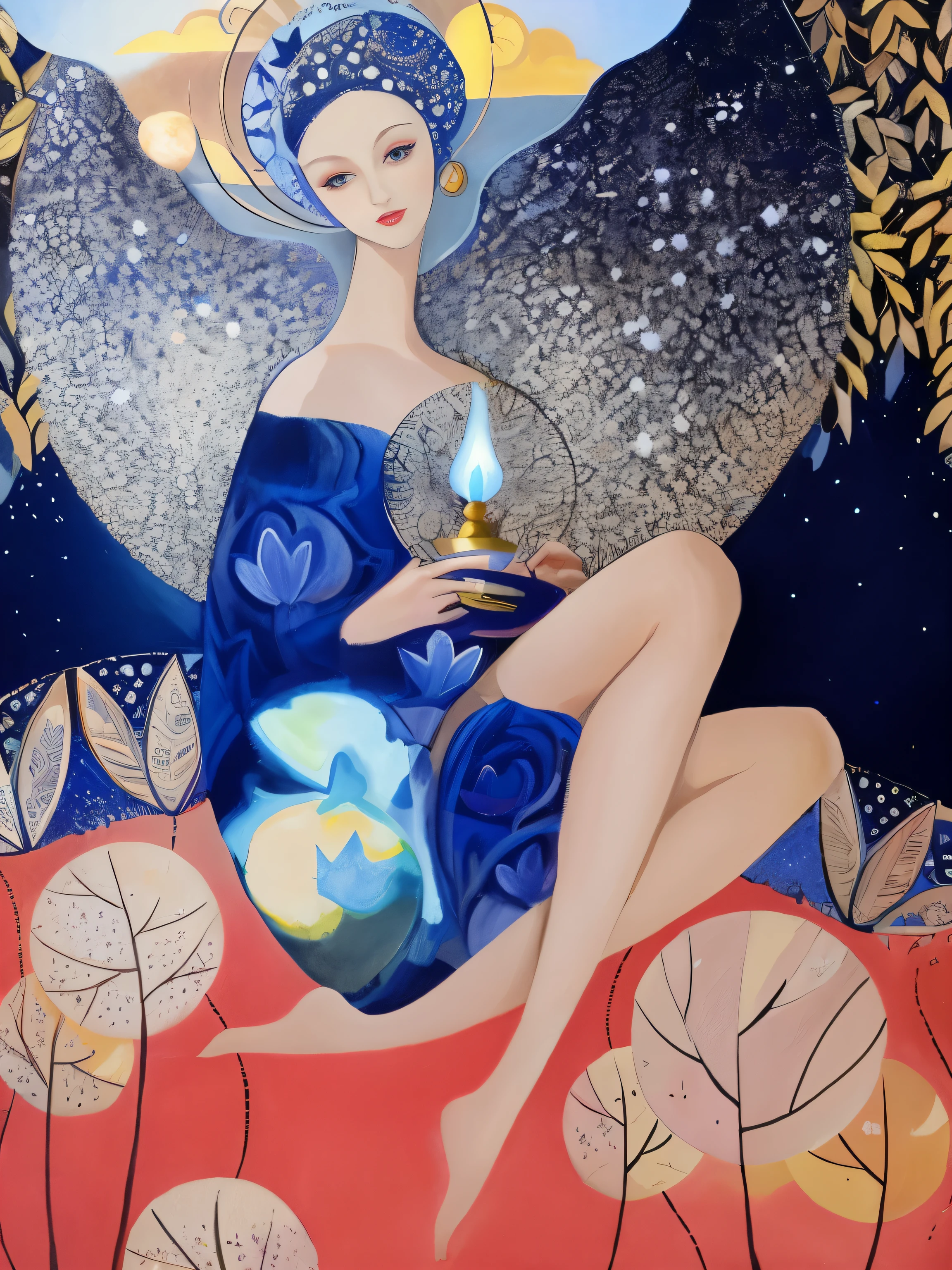 painting of a woman sitting on a flowery field with a blue sky background, portrait of a cosmic goddess, moon goddess, celestial goddess, art deco flower shaman, art deco painting, cosmic goddess, by Jean Hey, sacred feminine, by Marie Bashkirtseff, lunar goddess, by Andrzej Pronaszko, by Wilhelm Sasnal