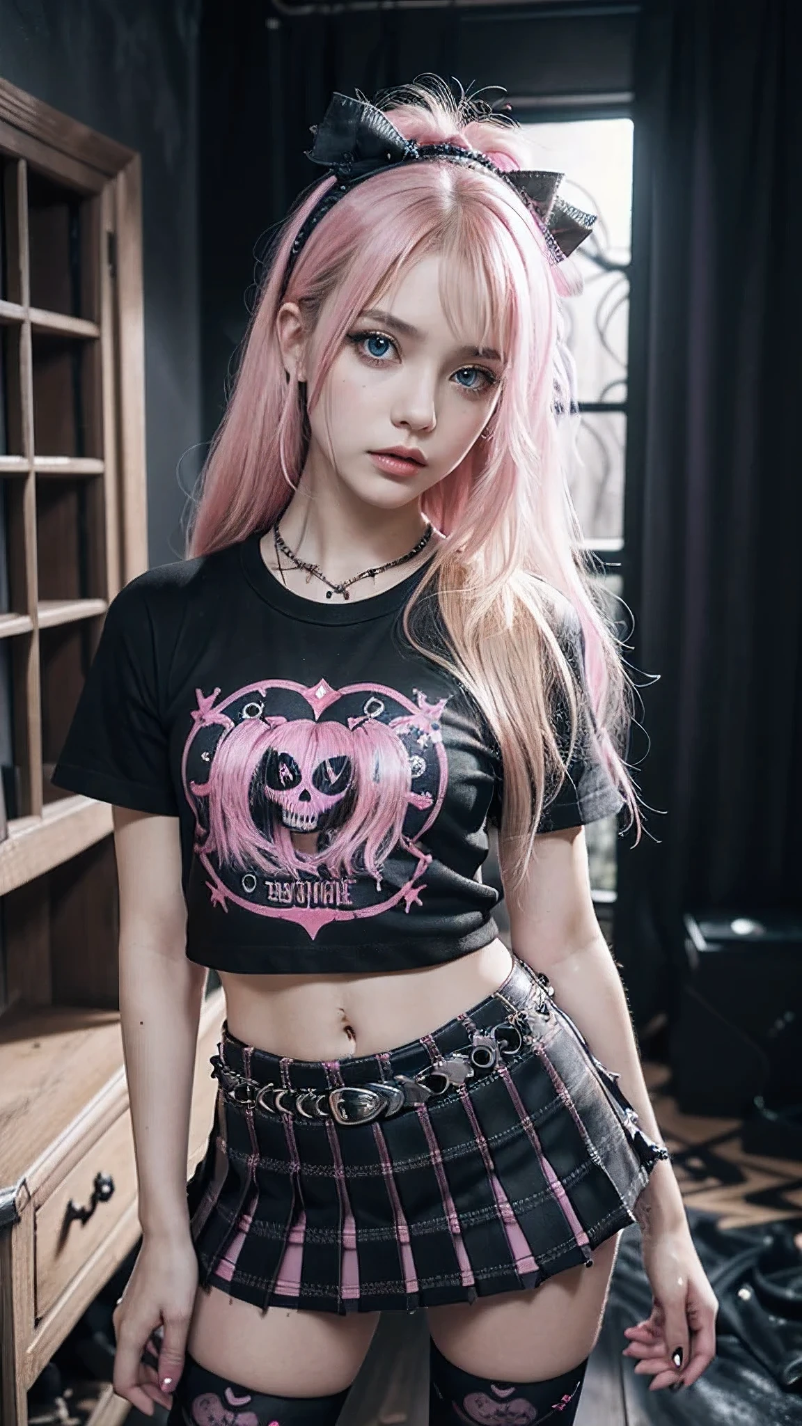 (Ultra-detailed eyes), (((textile shading))), (((Best Quality))), (((masutepiece))), (((Ultra-detailed CG))), sassy girl, (((magical ))), (), (tiny chest),blonde girl, blonde, blonde, Spooky Season In Punk hairstyle, ((messy hair,  gorgeous hair)), Pink eyes, (((Spooky Season In Punk Outfits))), ((spooky punk a pose)), (((Game CG)) (gorgeous, sassy, it girl), fancy jewelry, haunted house, dark day, strong Spooky Season In Punk atmosphere, strong haunted house atmosphere, cowboy shot, midshot, centered image, eye on camera, heart panel baby tee, pink pleated mini skirt, pastel color