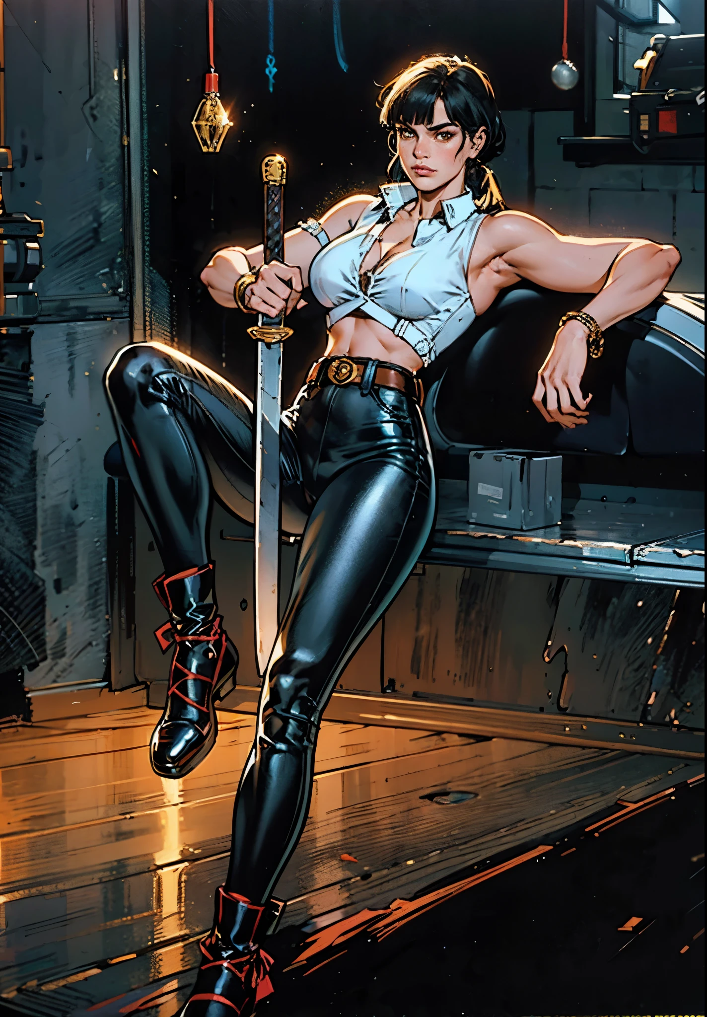 A beautiful woman with long shiny black hair, choppy bangs, a delicate face, a cold proud gaze, a fit figure, a fantasy-style high-necked leather breastplate top, sleeveless, exposes her waist, a bracelet adorns her wrist, tight-fitting leather pants, her right hand holds a longsword with a blue scabbard, she lounges casually sitting, this character embodies a finely crafted fantasy-style bounty hunter in anime style, exquisite and mature manga art style, (Alexandra Daddario:1.2), high definition, best quality, highres, ultra-detailed, ultra-fine painting, extremely delicate, professional, anatomically correct, symmetrical face, extremely detailed eyes and face, high quality eyes, creativity, RAW photo, UHD, 32k, Natural light, cinematic lighting, masterpiece-anatomy-perfect, masterpiece:1.5