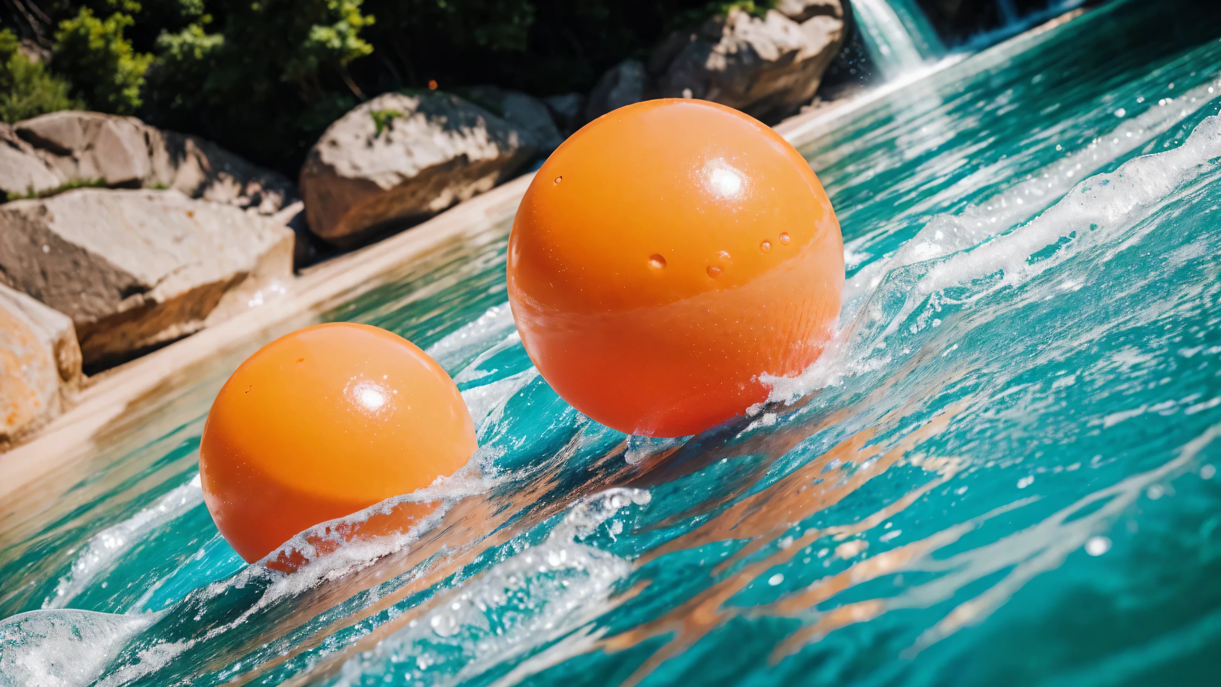 orange rubber balls wet in water droplets lie on clouds ,a tunnel of clouds and orange rubber balls lie along it,hyperdetalization of rubber balls,water splashes,blue sky,the sun's rays shine brightly,soft and delicate color,soft lighting,8k,enhanced detail,high quality,8k, full hd , (f/1.2, f/1.4, f/1.8) focal length - 28 mm, pink rubber ball with high detail and high roughness under the waterfall in focus,the background is blurred,