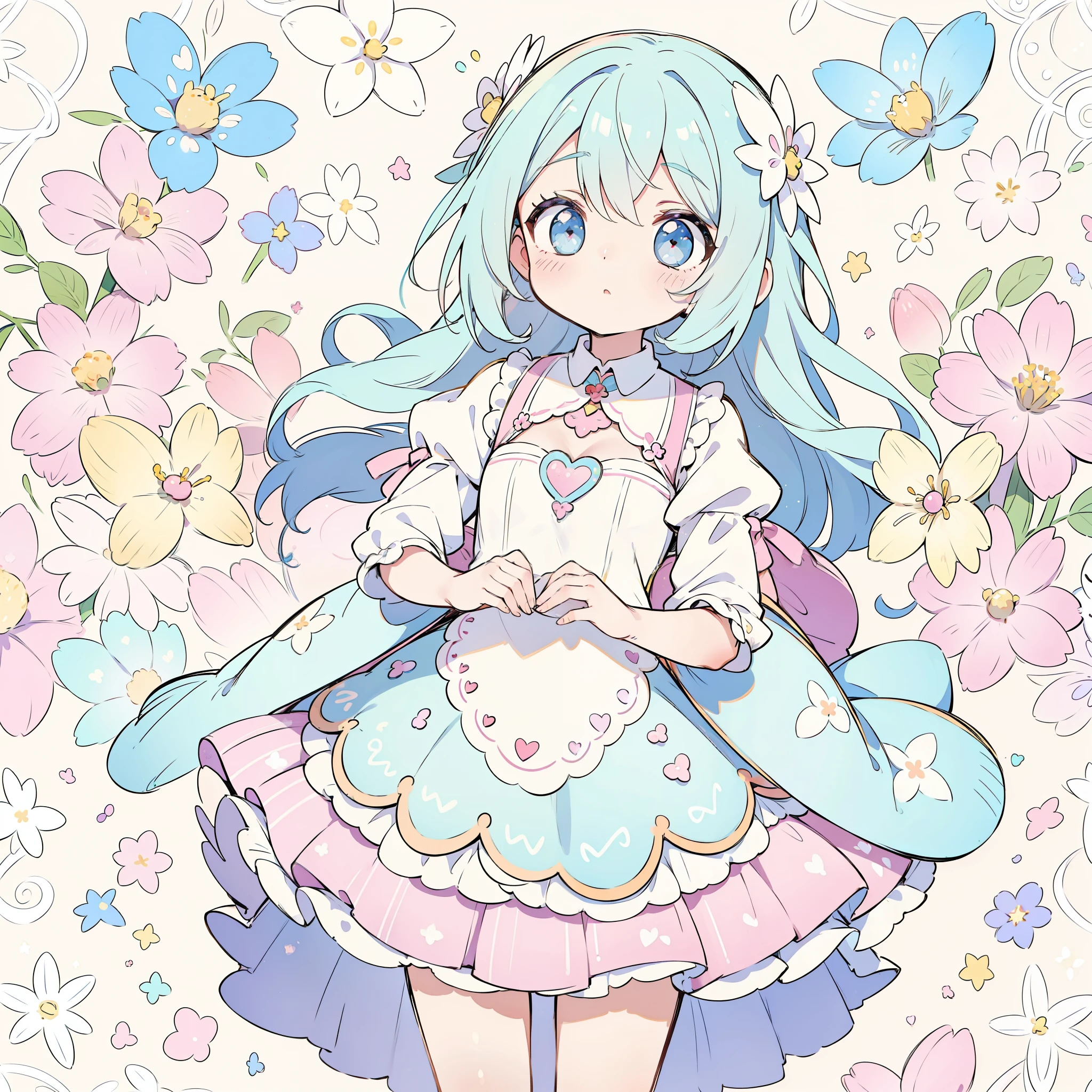 (pastel background:1.2), patterned background, (small doodles everywhere), an entire backgound filled with a repeating pattern of cute hearts, stars and butterlfies and flowers and other cute stuff, (light background:1.2)