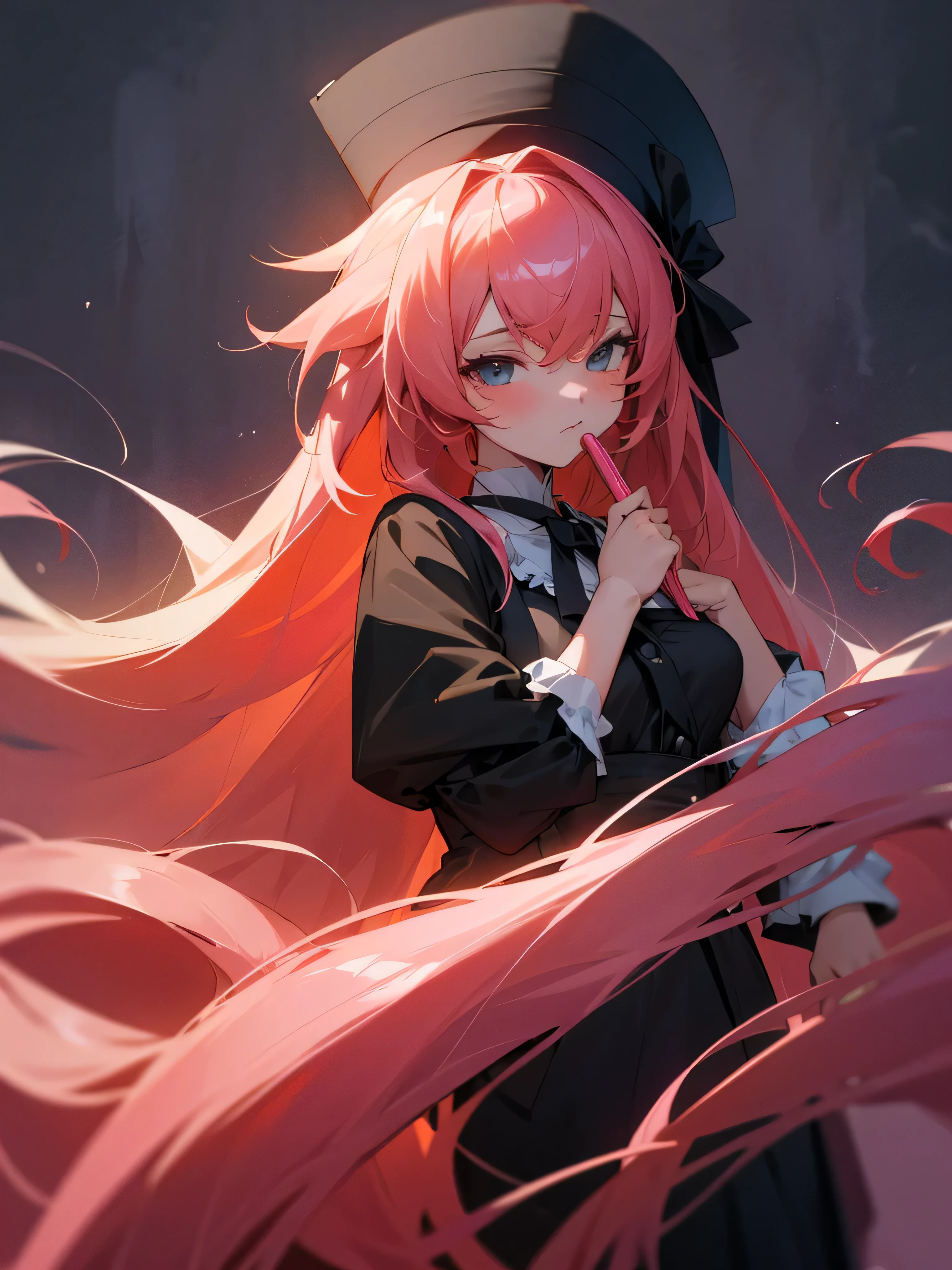 Make a 4k image in anime style, make a 2D girl with long long hair, com a cor do cabelo rosa claro, com os olhos azuis, with a black bow in your hair, segurando um milkshake de morango, com uma roupa fofa, em um lugar lindo