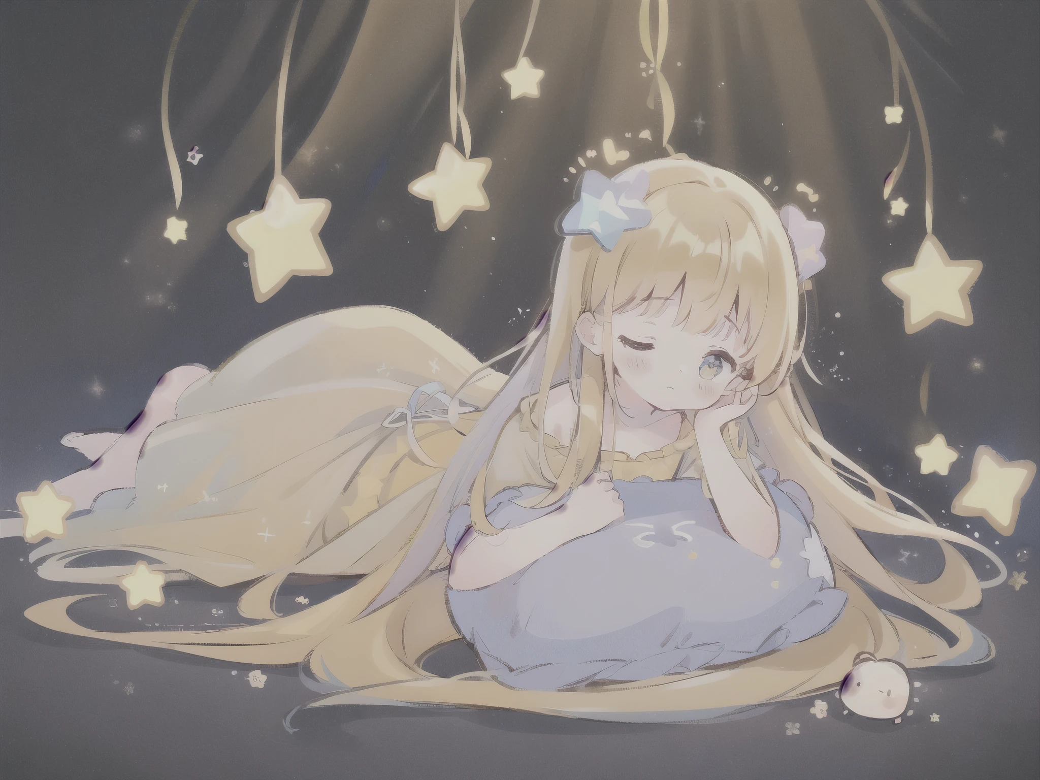 Top quality, masterpiece, super high resolution, pretty facial features, flat design, yellow theme,
1 girl, favorite , star eye, (sleepy eyes: 1.1), (cute yellow nightdress), cute, one hand on face, bedtime, disheveled long hair,
(simple dark background), giant stars shining in the dark, cure, ziyu,