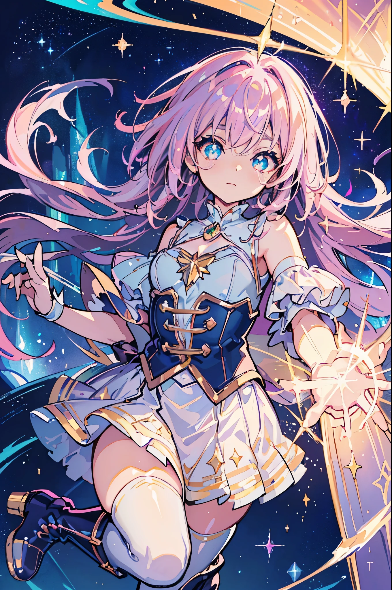 ((magical little girl)), ((Gorgeous starry sky background)), ((Ultra-detailed)), ((Best Illustration)), ((Cinematic lighting)), Dynamic Angle, Floating, finely detailed, (glitters:1.2), (Sparkle:1.2), (Shine:1.2), classic, (Painting:1.1), (Sketch:1.1), (Best quality), (Masterpiece:1.2), (Anime style), (Solo), Beautiful detailed face, (Cute face:1.3), (Big eyes:1.3), Colorful hair, (Long hair:1.2), (Floating hair:1.2), (magical girl outfit), detailed outfits, (Sparkling wand:1.3), (Magical effect:1.3), (Flowing skirt:1.2), (Cute boots:1.1), (Transparent fabric:1.1), (Twinkle:1.2), (Glow:1.2), (Radiance:1.2), (Flicker:1.2), (Dazzle:1.2)