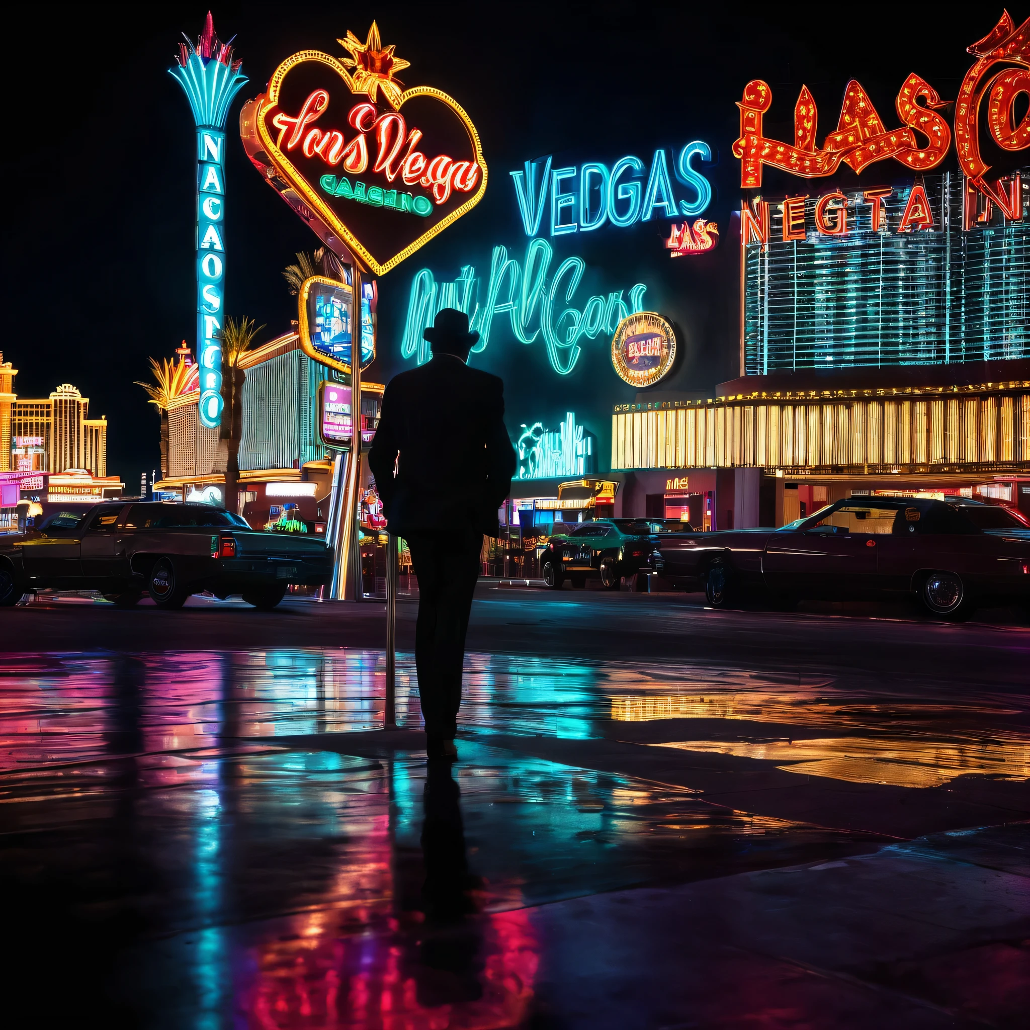 In the middle of the night a man stood facing the door of the Las Vegas casino, from behind,
BREAK
Huge neon signs, neon signs, letters and symbols, retro style, glowing signage on a dark background, casino signs, dynamic lighting effects, HDR, vivid colors, street photography style, abstract and artistic interpretations, brilliant light contrast, strong and visual impact