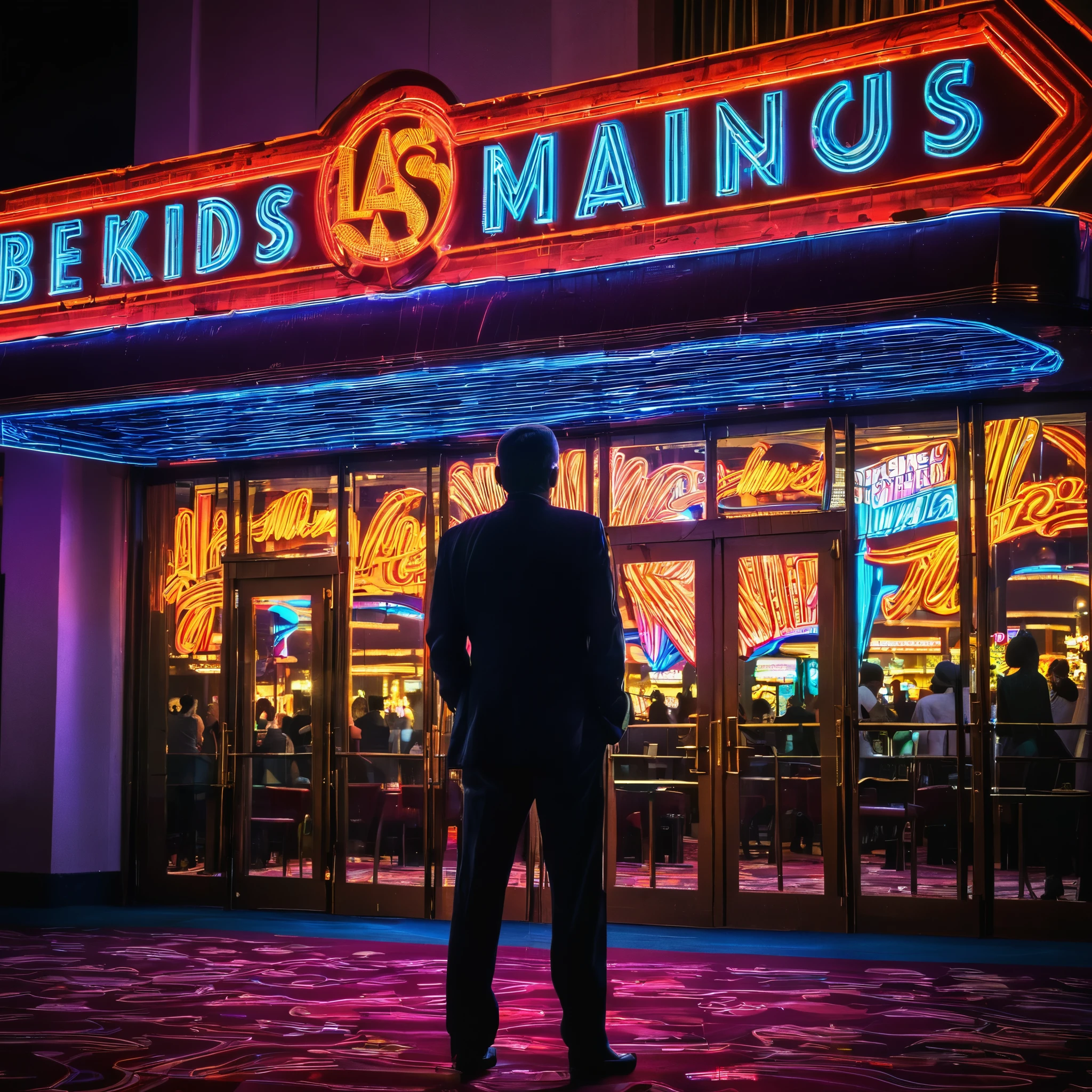 In the middle of the night a man stood facing the door of the Las Vegas casino, from behind,
BREAK
Huge neon signs, neon signs, letters and symbols, retro style, glowing signage on a dark background, casino signs, dynamic lighting effects, HDR, vivid colors, street photography style, abstract and artistic interpretations, brilliant light contrast, strong and visual impact