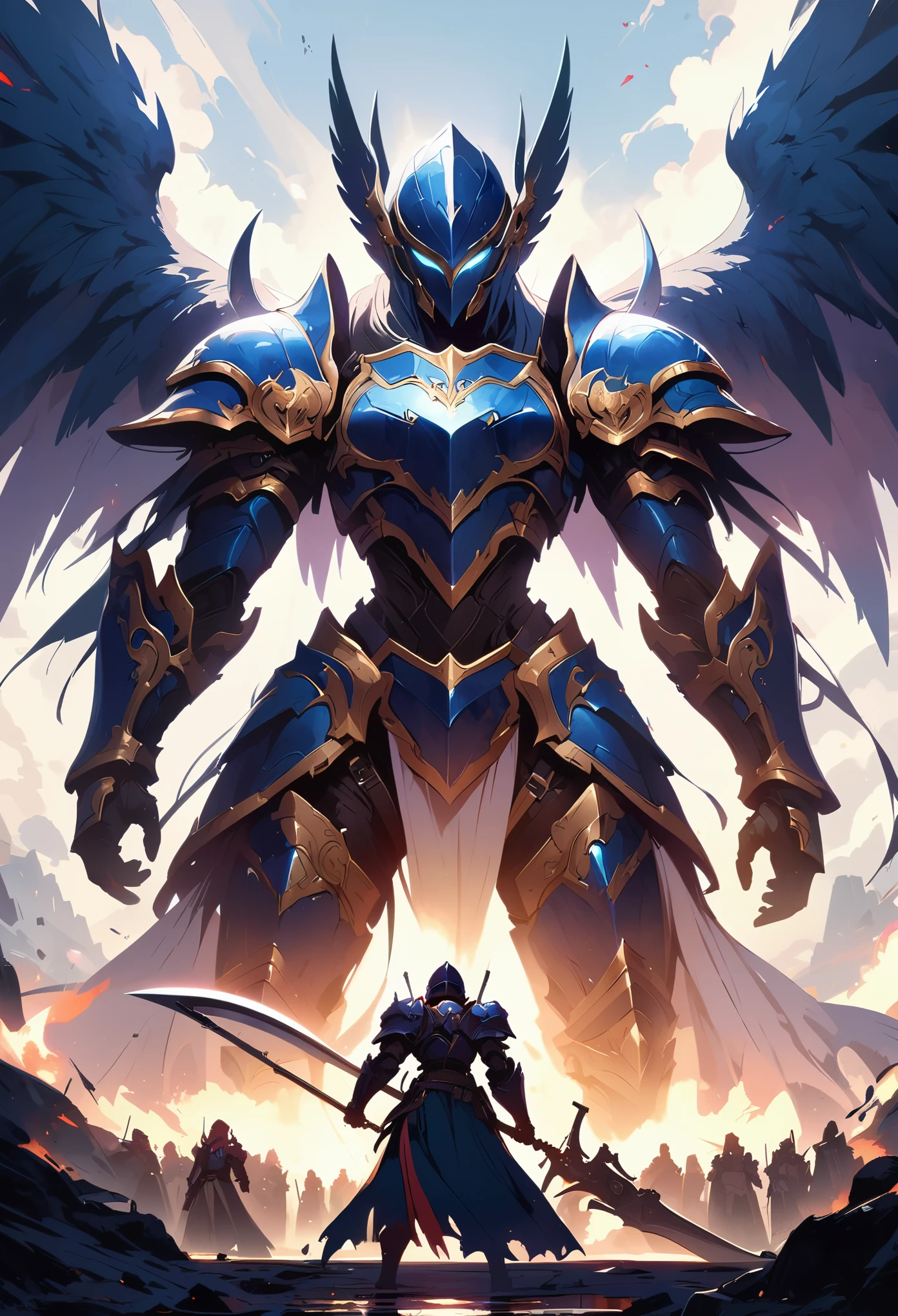 (masterpiece: 1.2), best quality, High resolution, HD, unified 8k wallpaper, (illustration: 1.0), Beautiful detailed, Very detailed, perfect lighting, Very detailed CG, glowing Eyes, backlight, armor, False trumpet, glow, Full armor, War Armor, humanoid_, trumpet, helmet, mask, sample_background, arms, monster, blue_armor, looking at the audience, alone, view, Armed with a scythe