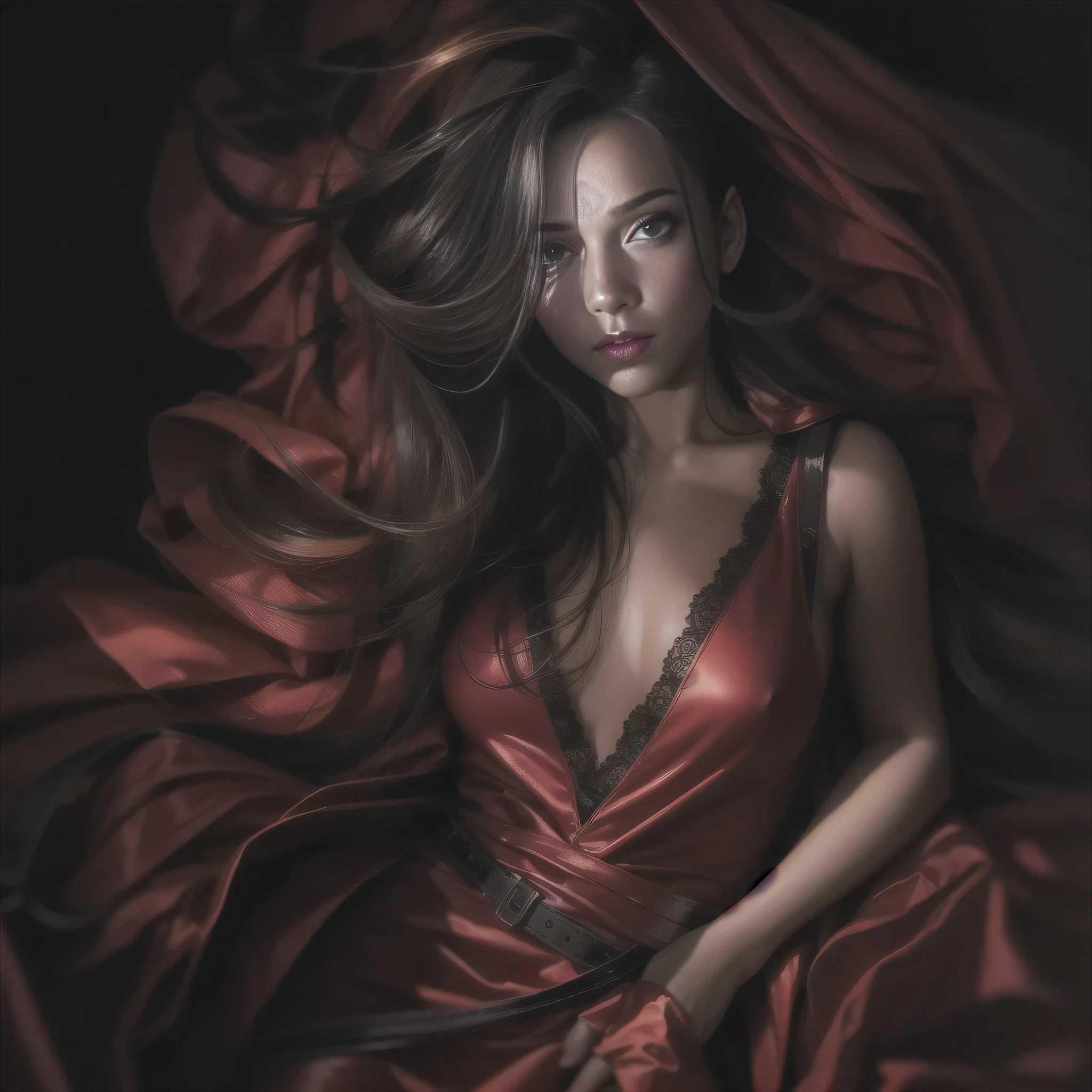 beautiful woman,long red satin dress,translucent,vey long,red,beautiful detailed eyes,beautiful detailed lips,extremely detailed eyes and face,longeyelashes,bondage,sexual,erotic,provocative,submissive,alluring,dominant,dark background,studio lighting,hair flowing,curves,body language,sensual,feminine,endless legs,seductive,confident,empowered,subtle lighting,colorful,boudoir photography,high contrast,vibrant colors,soft focus,tape bondage
