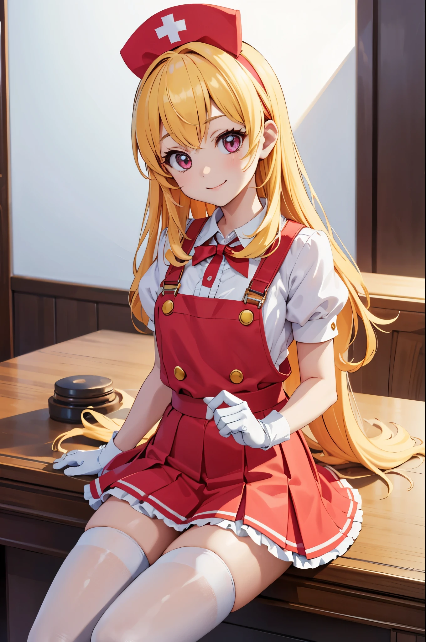 (best quality,4k,highres:1.2),ultra-detailed,realistic:1.37,portraits,vivid colors,indoor lighting
Girl with red ribbon on a headband is sitting at a table. She has beautiful blond hair and is wearing a nurse, nurse cap, white wear, ((white legwear, zettai ryouiki)), white gloves. She is looking at the viewer with an adorable smile. The scene has a very detailed background with perfect lighting. The girl is lifting her skirt slightly, revealing a pair of red panties with a pointed style from the bottom. The overall image should have the best quality, be in high resolution, and have vivid colors. The style of the image should be realistic with a focus on portraits. The lighting should create a warm and inviting indoor atmosphere.