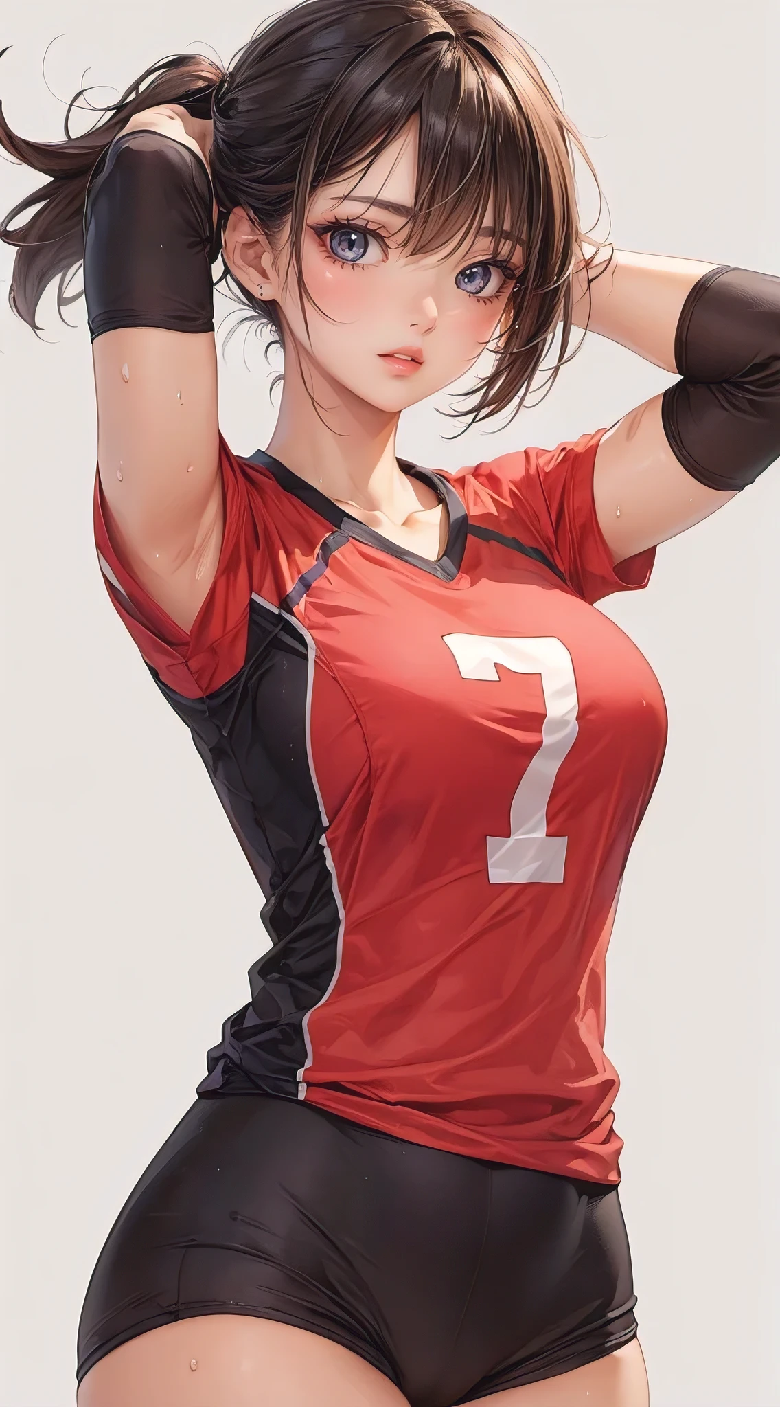 (best quality, masterpiece:1.2), portrait, a beautiful curvaceous woman, fit, slim waist, huge breasts, huge ass, volleyball jersey, sweaty, anime style, simple lines