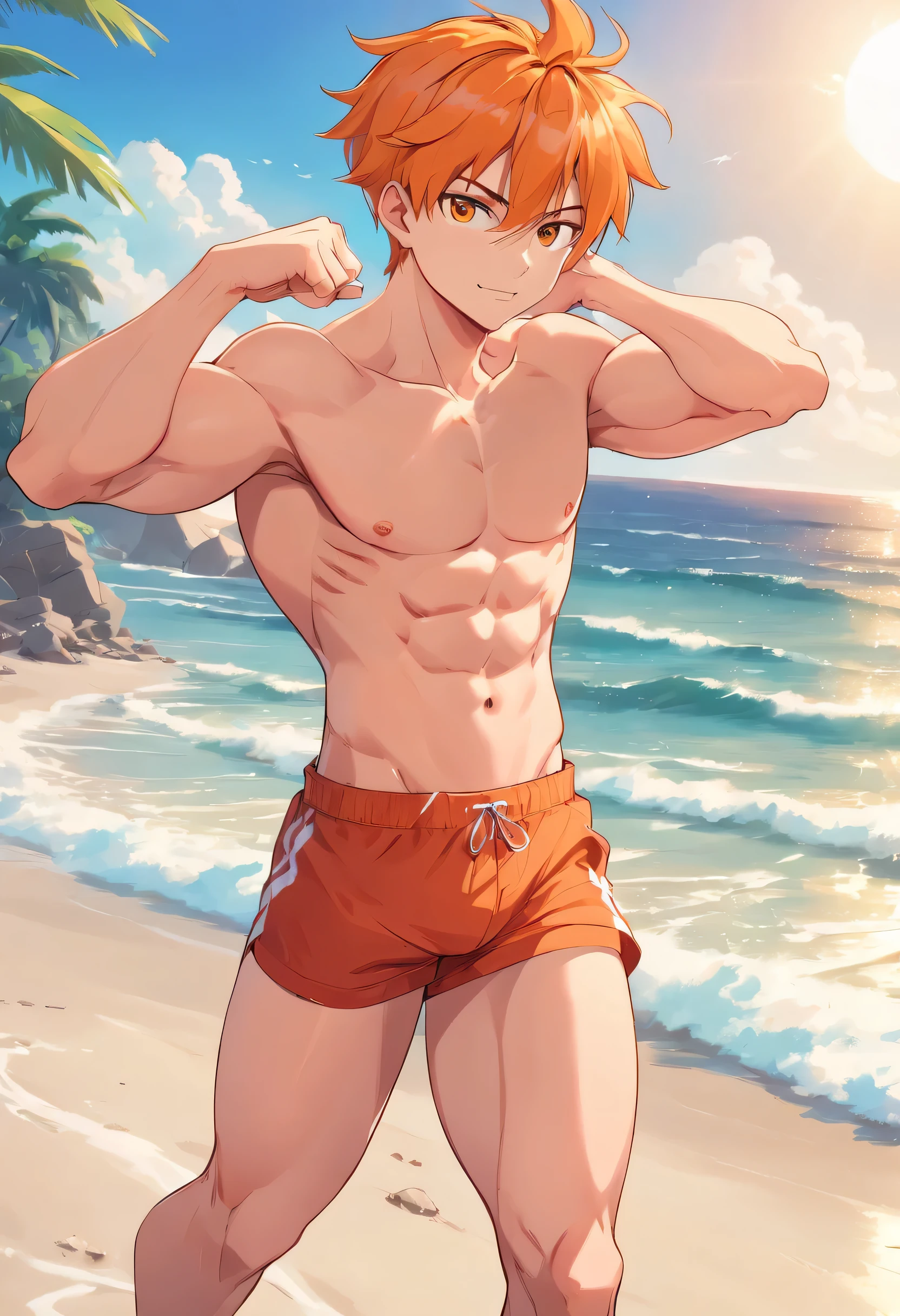 absurdres, highres, ultra detailed, HDR) master piece, best quality, extremely detailed, detailed face, detailed eyes, delicated features, Flamebringer, black hair, expressive orange eyes, Arknights, solo, sexy man, manly man, handsome, toned chest, bare chest, sensual, black horns, slightly pointed ears, black swimming trunks, sitting, island, sea, beach