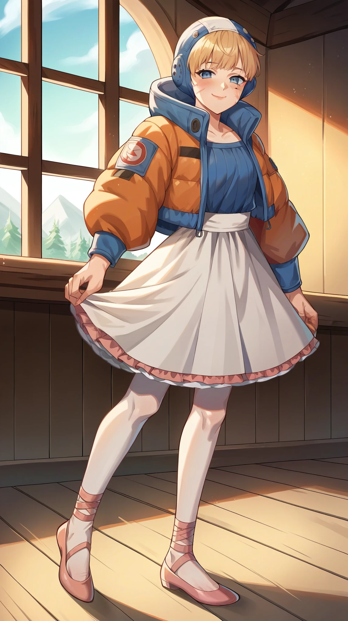 score_9, score_8_up, score_7_up, source_anime, rating_safe, solo, 1girl, apex legends wattson, wattson, scar, indoors, medieval home, medieval house, ballerina, ballerina outfit, aged down, , body, smal body, young, standing, smug, blush
