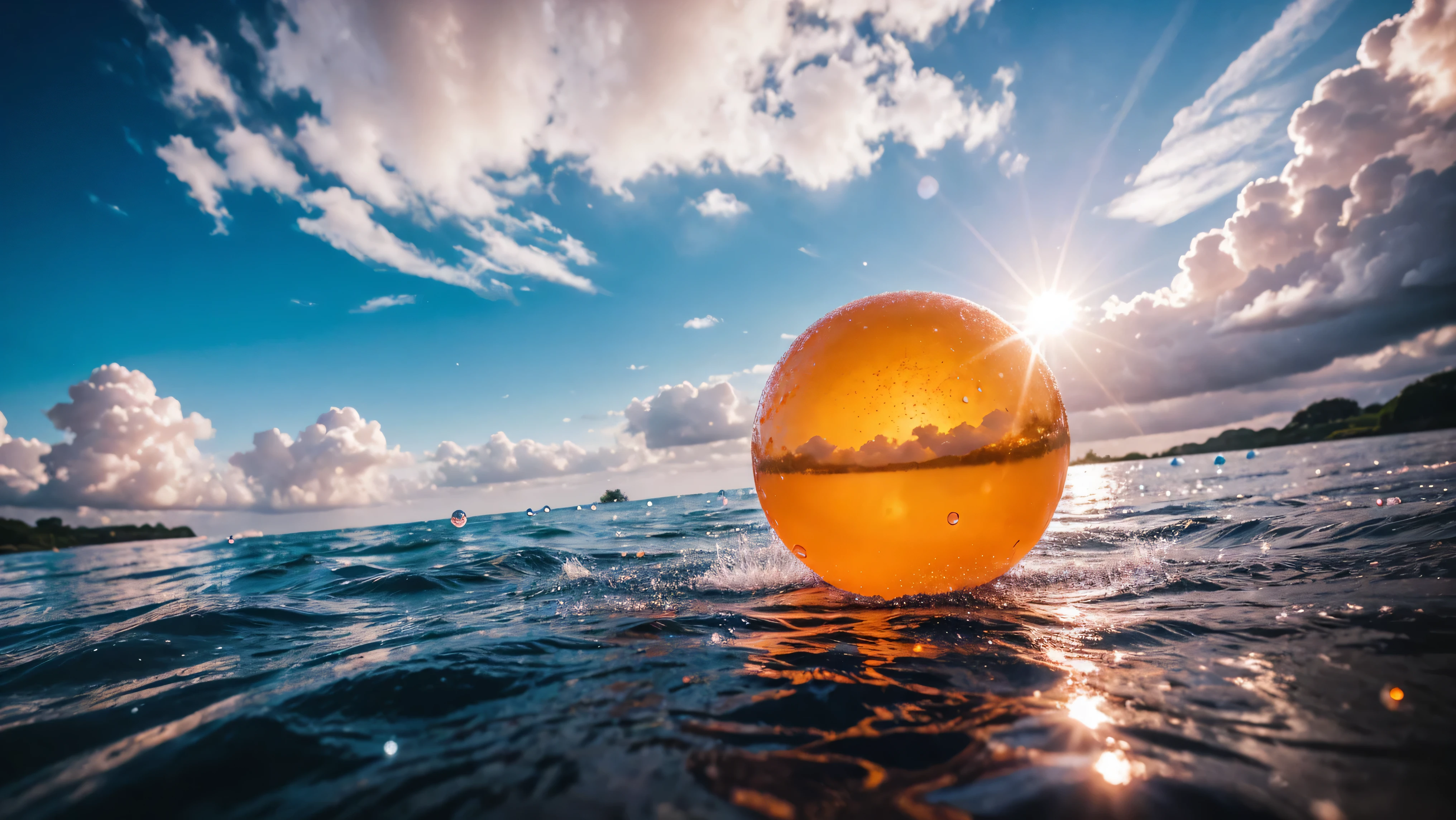 orange rubber balls soaked in water droplets lie on clouds,Balls intertwined with clouds , a tunnel of clouds and orange rubber balls lie along it, hyperdetalization of rubber balls, splashes of water, blue sky, the sun's rays shine brightly, soft and delicate color, soft lighting,8k, improved detail, high quality,8k, full HD, (f/1.2, f/1.4, f/1.8) Focal length is 28mm, pink rubber ball with high detail and high roughness under the waterfall in focus, background is blurred,