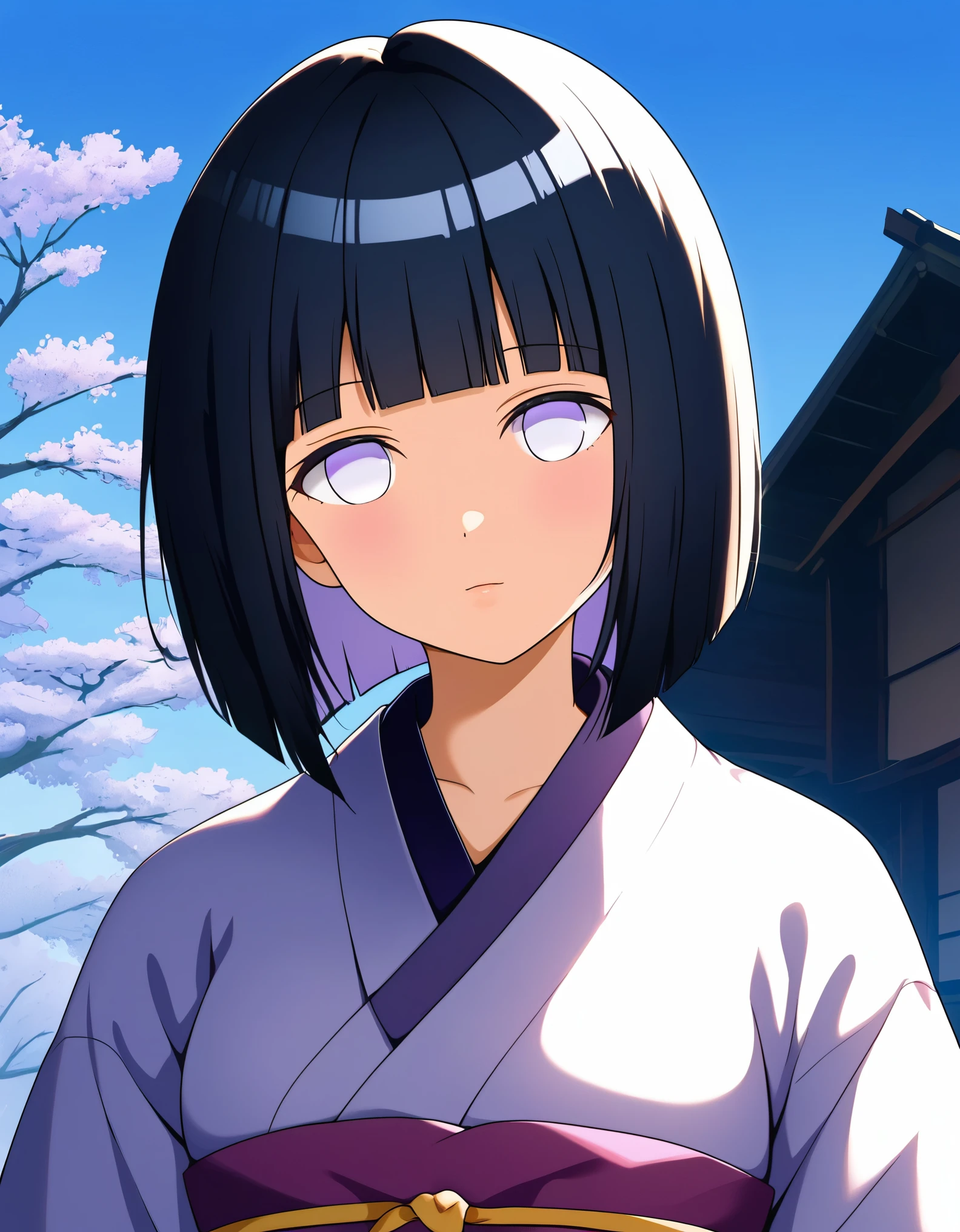 masterpiece, best quality, 1girl, hyuuga hinata, black hair, short hair, white eyes, no pupils, konohagakure, upper body, solo, looking at viewer, house inside, japanese house, meadow background,