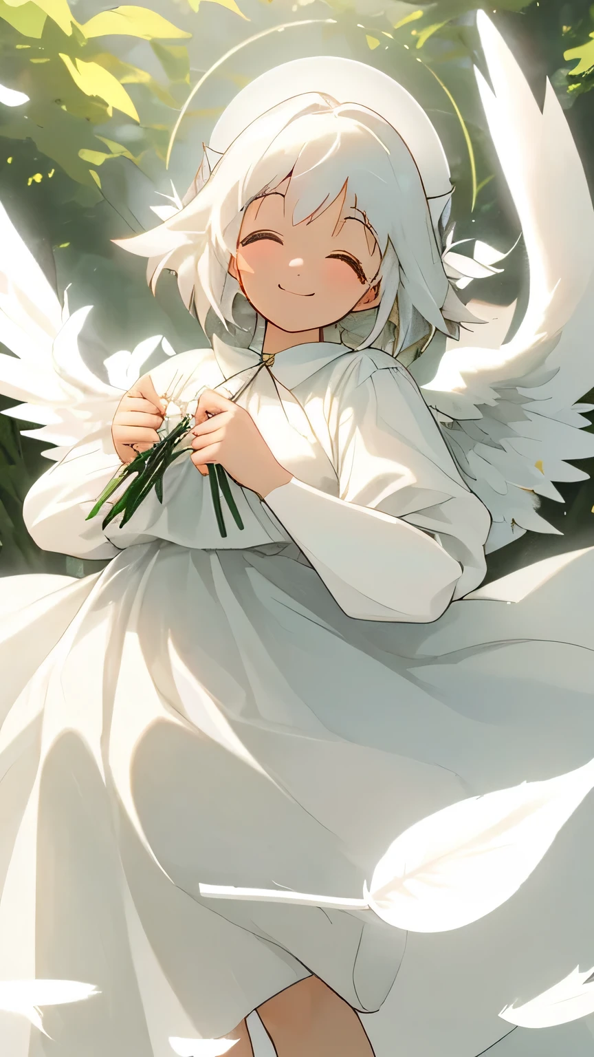Dressed in a white dress、Angel, white feather 、bless、smile、smile、bright、warm、