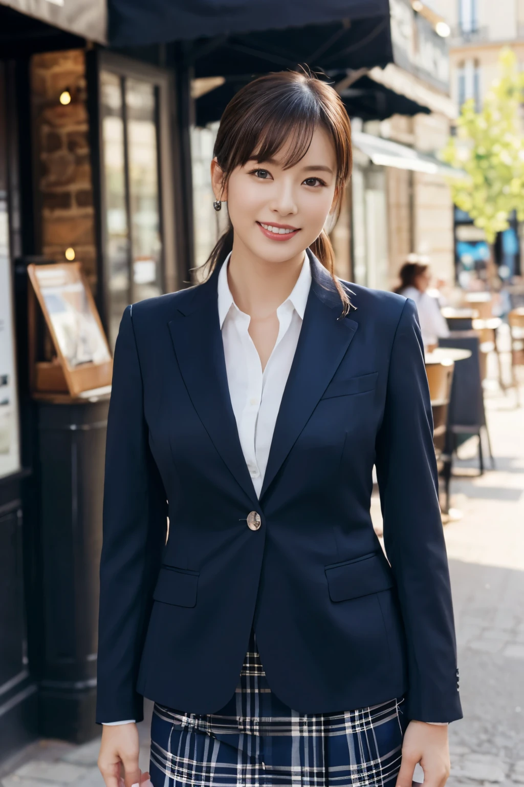 ((table top:1.4, highest quality)), (realistic pictures:1.4), 
((1 girl)), 
(超High resolution:1.2), very delicate and beautiful, wonderful, 
Highly detailed CG Unity 8k wallpaper, Super detailed, High resolution, soft light, 
beautiful detailed girl, highly detailed eyes and face, beautifully detailed nose, beautiful and detailed eyes, 
(navy blue business suit, skirt:1.4),
cinematic lighting, perfect anatomy, slender body, thin chest,
(Stand in front of a fashionable café in Paris:1.3), (daytime:1.4), (outdoors:1.3), 
cowboy shot, looking at the viewer, smile