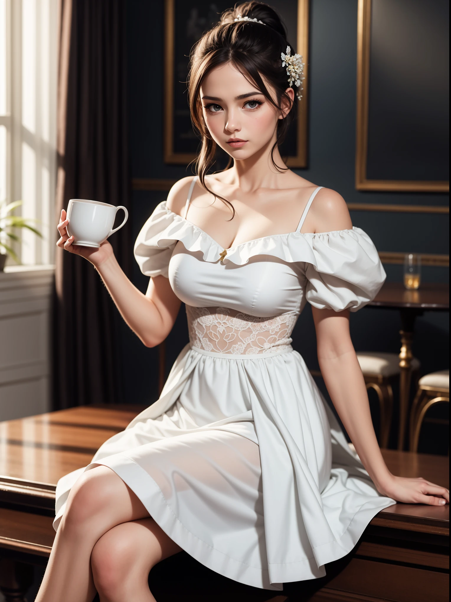 beautiful Russian girl European look (A European view), beautiful black hair (brunette), sitting on the table, Nice dress, cup in hand