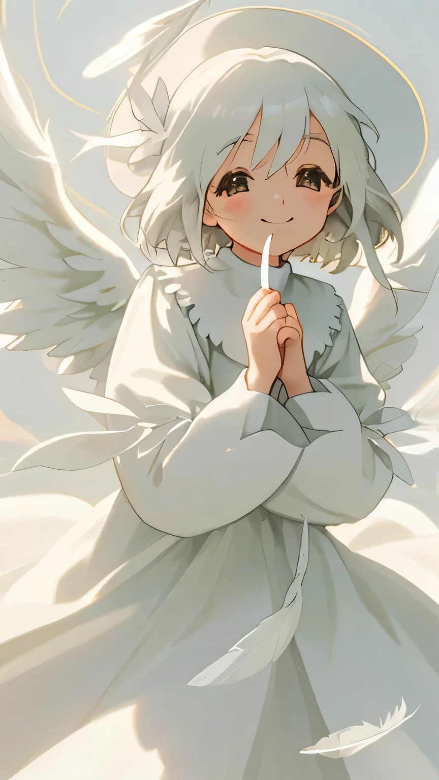 Dressed in a white dress、Angel, white feather 、bless、smile、smile、bright、warm、