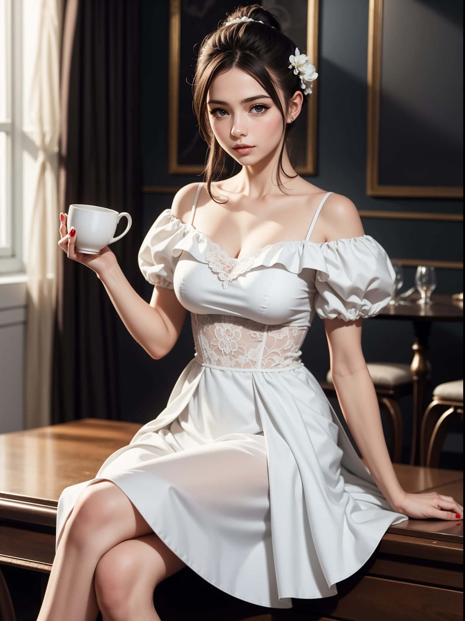 beautiful Russian girl European look (A European view), beautiful black hair (brunette), sitting on the table, Nice dress, cup in hand
