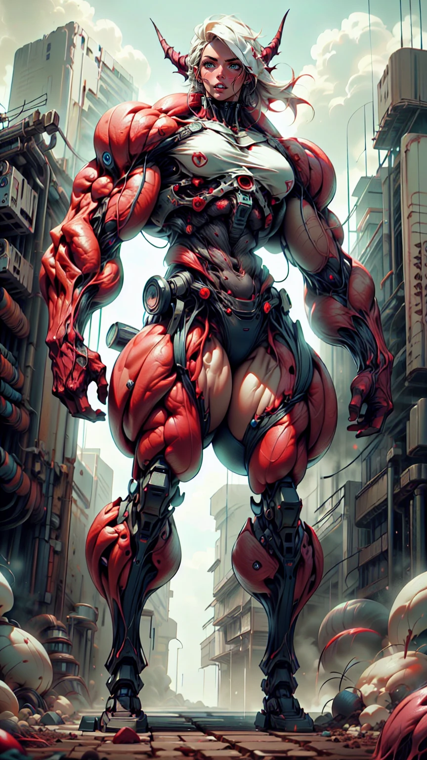 Cinematic, clear facial features and insanely detailed, the image captures the essence of (1 girl), (megan fox:1.25), (long red hair), (carnage skinless physique:1.25), (1 super muscular undead skinless succubus with gigantic horns:1.25), (covered in red necrotic rotting skinless muscle:1.25), (exposed muscles & veins everywhere:1.25), (perfect fingers:1.25) (full body pose:1.25). The color grading is beautifully done, enhancing the overall cinematic feel. Unreal Engine makes her appearance even more mesmerizing. With depth of field (DOF), every detail is focused and accentuated, drawing attention to her eyes and hair. Peak image resolution utilizing super-resolution technology ensures pixel perfection. Cinematic lighting enhances her aura, while anti-aliasing techniques like FXAA and TXAA keep the edges smooth and clean. Adding realism to the muscular bio-mecha succubus , RTX technology enables ray tracing. Additionally, SSAO (Screen Space Ambient Occlusion) gives depth and realism to the scene, the girl's presence even more convincing. In the post-processing and post-production stages, tone mapping enhances the colors, creating a captivating visual experience. The integration of CGI (Computer-Generated Imagery) and VFX (Visual Effects brings out her demonic features seamlessly . Incredible level of detail, with intricate elements meticulously crafted, the artwork hyper maximalist and hyper-realistic. Volumetric effects add depth and dimension, with unparalleled photorealism. 8k resolution rendering ensures super detailed visuals. The volumetric lighting adds a touch of magic, highlighting her beauty and aura in an otherworldly way. High Dynamic Range (HDR) tech makes the colors pop, adding richness to the overall composition. Ultimately, this artwork presents an unreal, yet stunningly real portrayal of an incredibly beautiful bio-mecha succubus girl. The sharp focus ensures that every feature is crisply defined, creating a captivating presence. (girl face:1.45)