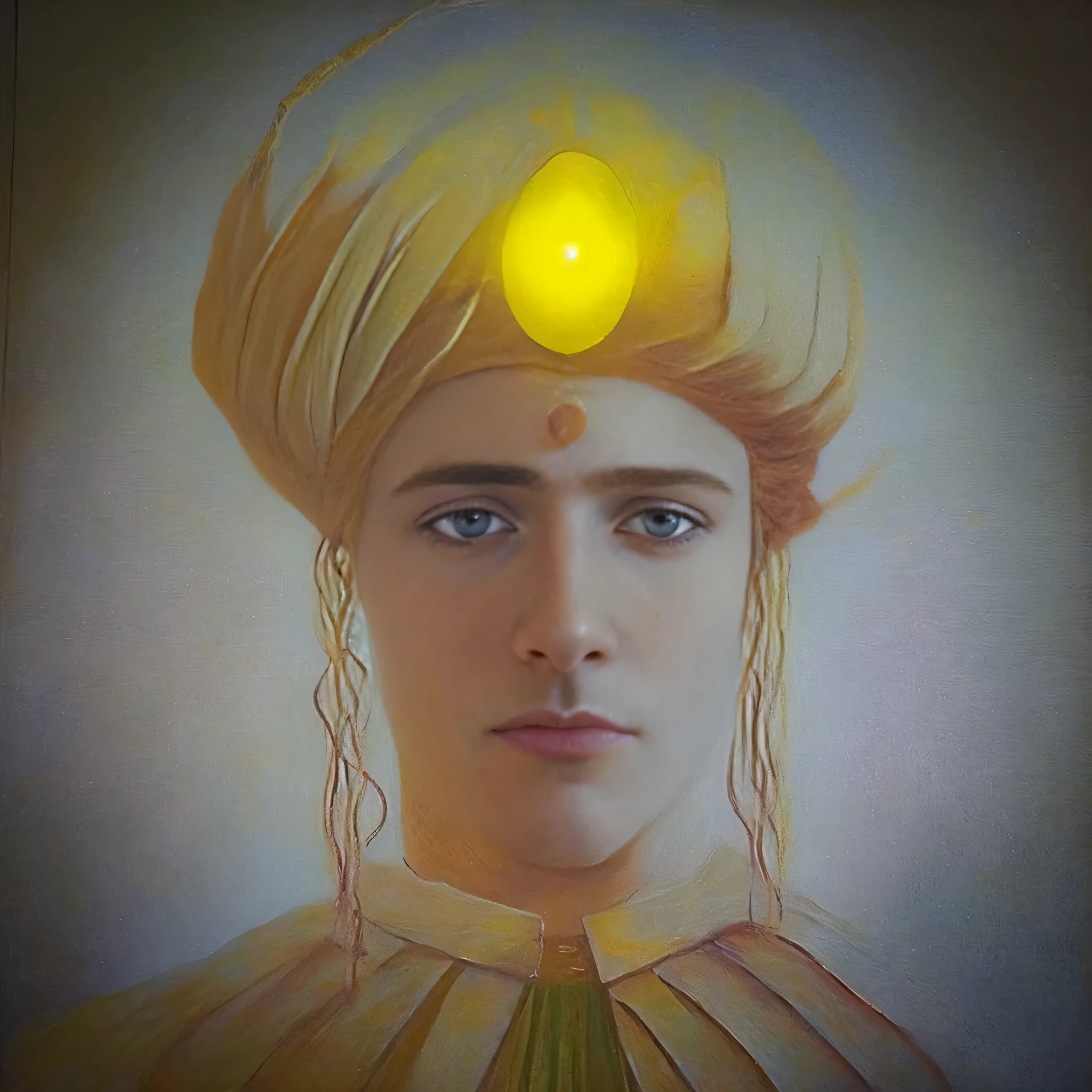 painting of a man with a yellow light on his head, retrato da rainha da luz, inspired by Aladár Körösfői-Kriesch, inspirado em Rudolf Ernst, inspirado em William Mossman, portrait of a digital shaman, inspirado em Nikolai Ge, portrait of a cosmic goddess, inspirado em Osman Hamdi Bey, por Jean Delville