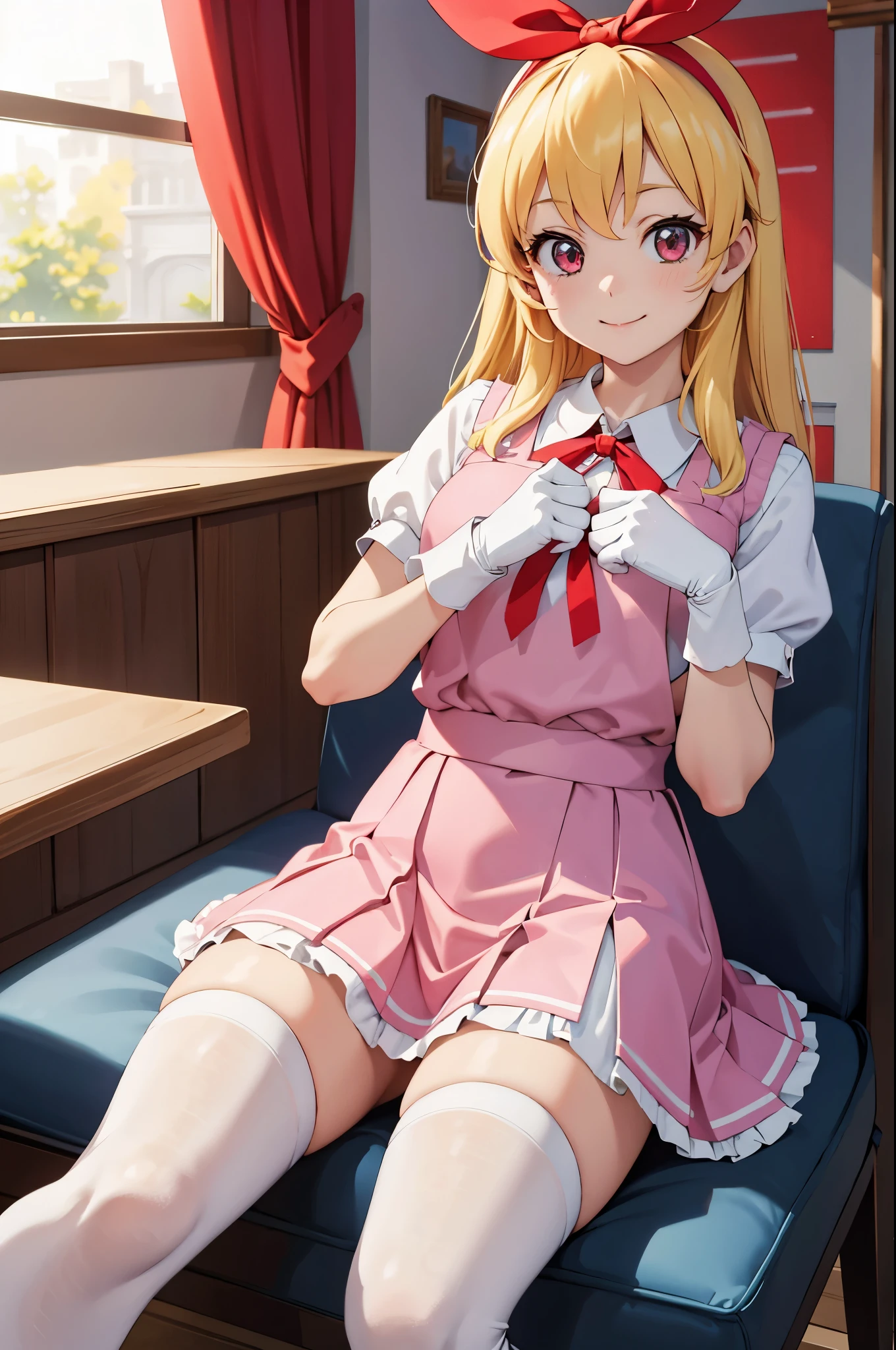 (best quality,4k,highres:1.2),ultra-detailed,realistic:1.37,portraits,vivid colors,indoor lighting

Girl with red ribbon on a headband is sitting at a table. She has beautiful blond hair and is wearing a nurse, white wear, ((white legwear, zettai ryouiki)), white gloves. She is looking at the viewer with an adorable smile. The scene has a very detailed background with perfect lighting. The girl is lifting her skirt slightly, revealing a pair of red panties with a pointed style from the bottom. The overall image should have the best quality, be in high resolution, and have vivid colors. The style of the image should be realistic with a focus on portraits. The lighting should create a warm and inviting indoor atmosphere.